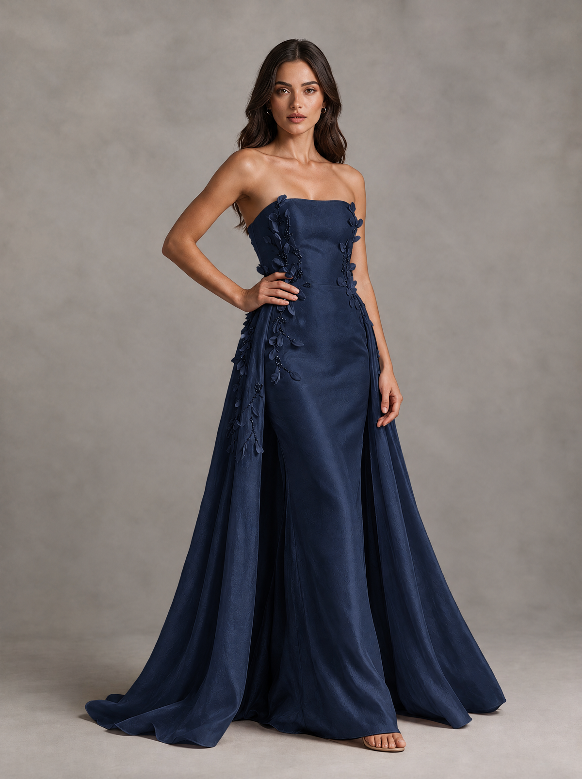 BOLODOO Navy Blue Strapless Floral Applique Prom Dress with Overskirt - Navy Blue - Navy Blue (3)