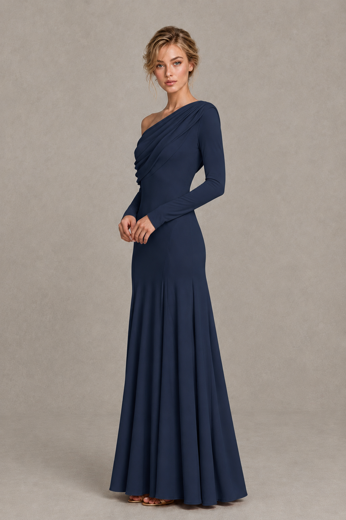 BOLODOO Navy Blue Asymmetric Draped Long Sleeve Evening Gown - Navy Blue