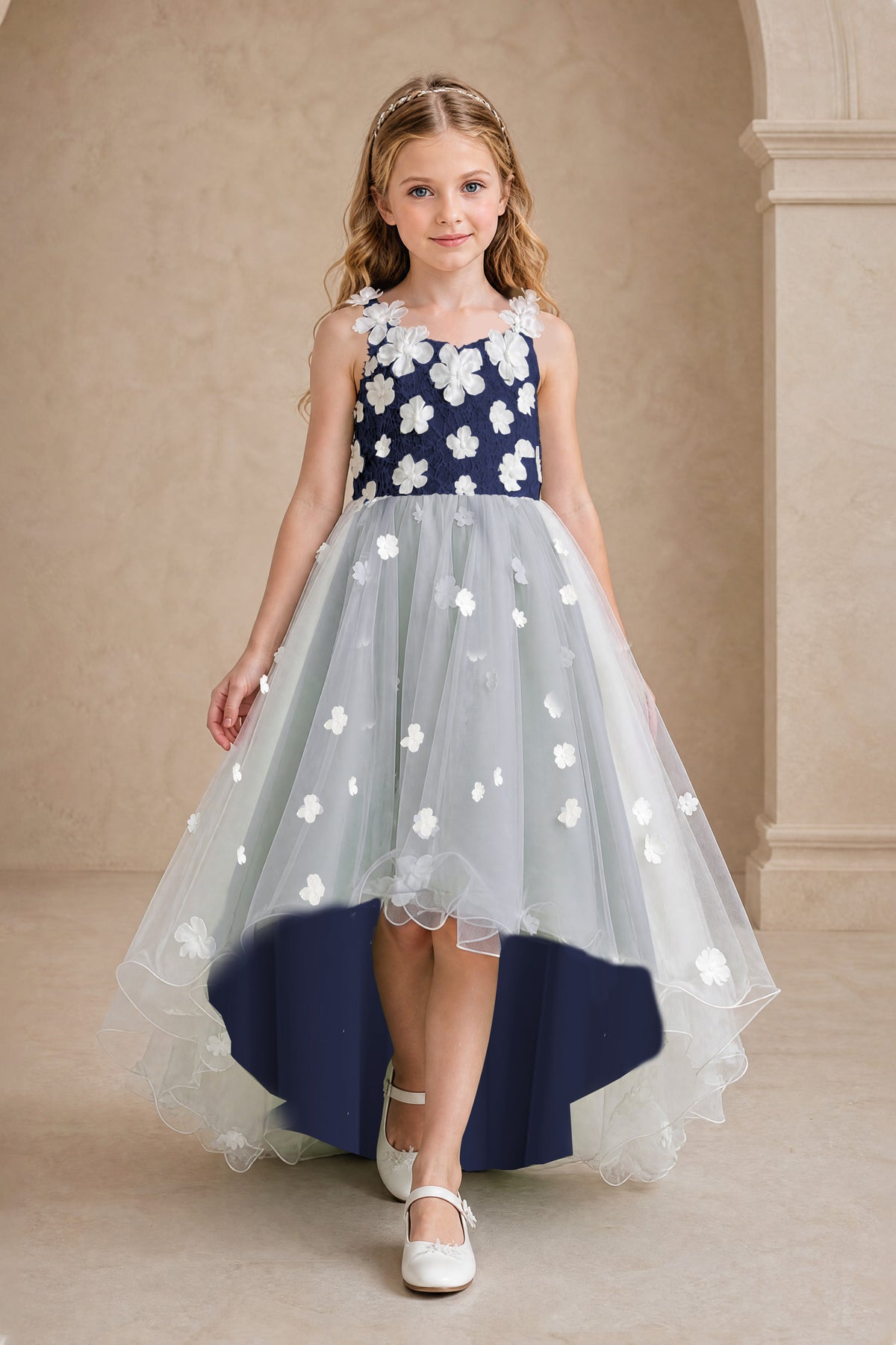 BOLODOO Navy Blue Flower Girl Dress with Floral Appliqué and High-Low Tulle Skirt - Navy Blue