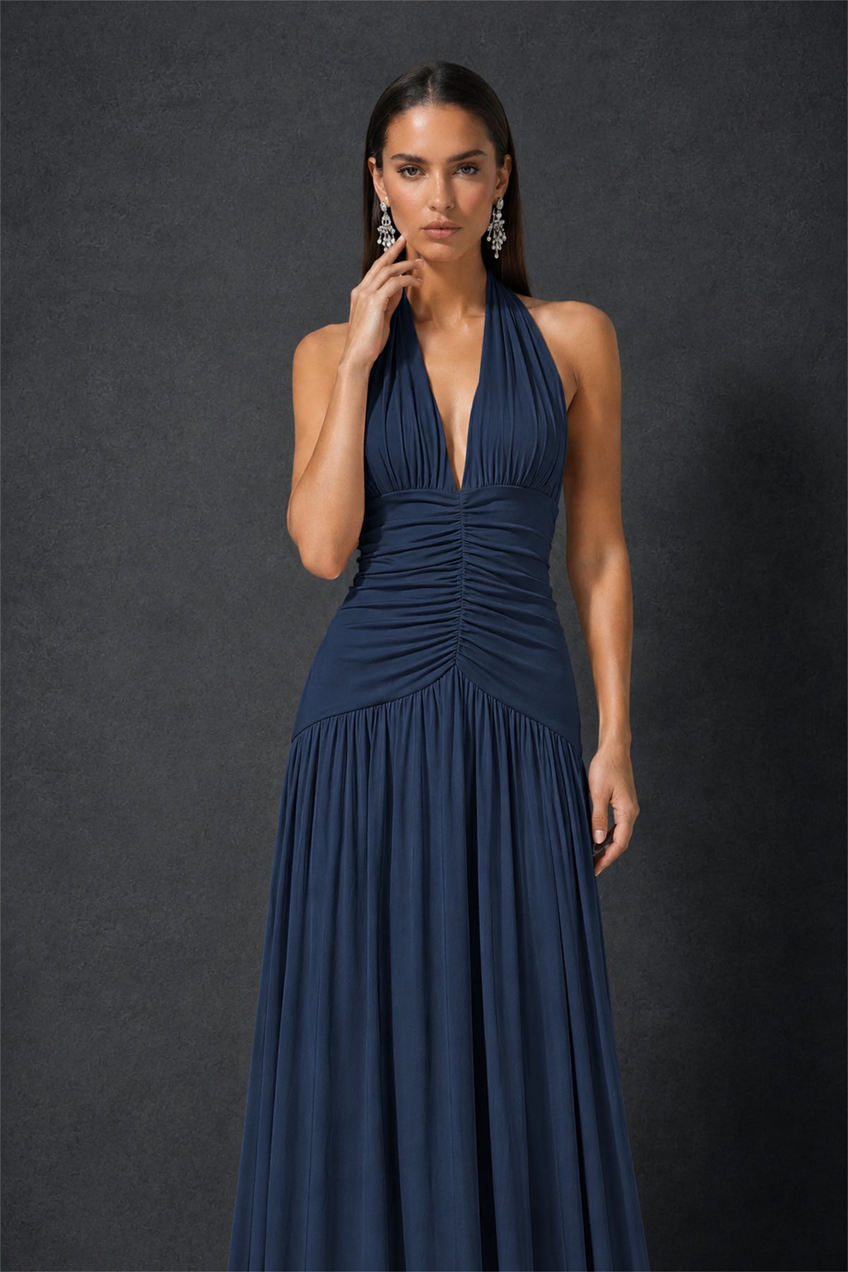 BOLODOO Navy Blue Halter Deep V-Neck Ruched Chiffon Open Back Maxi Dress with Draped Neck Tie - Navy Blue