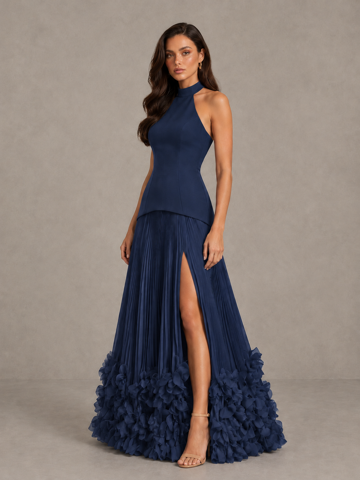 BOLODOO Navy Blue Halter Neck Floor-Length Evening Gown with High Slit & 3D Floral Hem - Navy Blue - Navy Blue (3)
