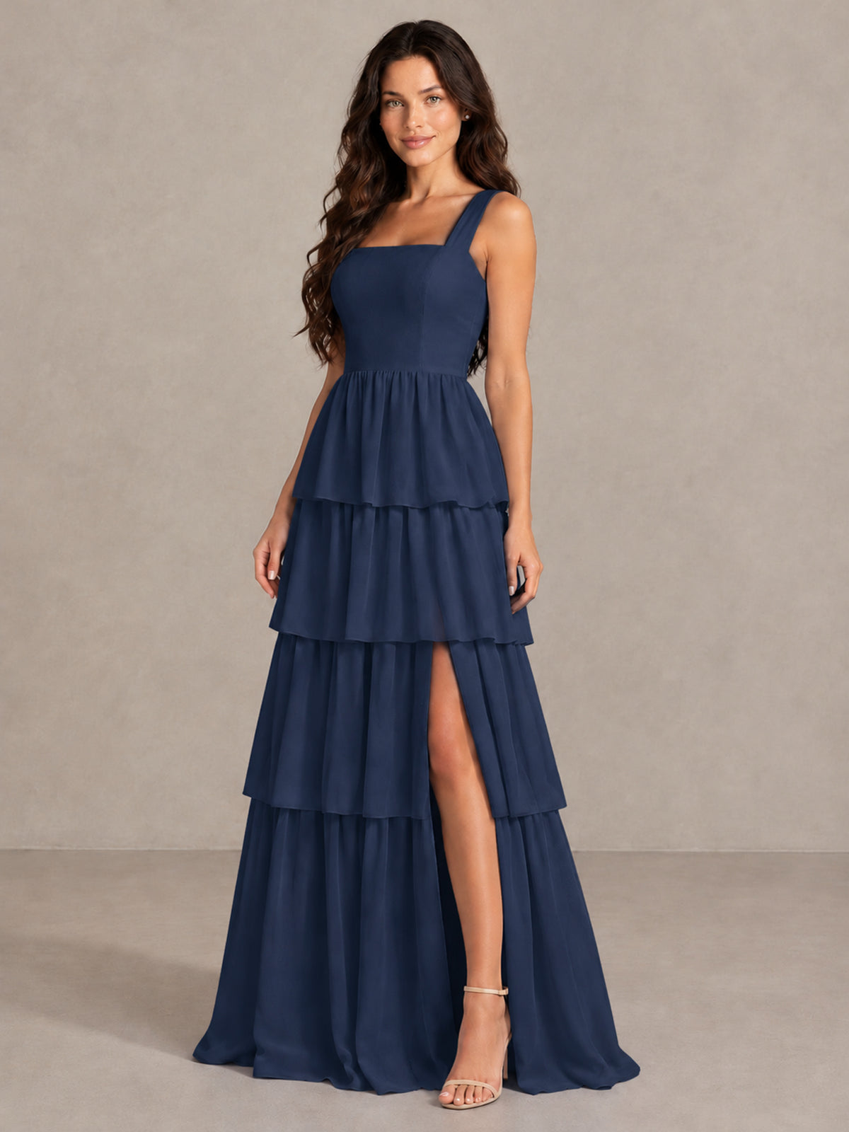 BOLODOO Navy Blue Square Neck Tiered Bridesmaid Dress with Slit - Navy Blue - Navy Blue (3)