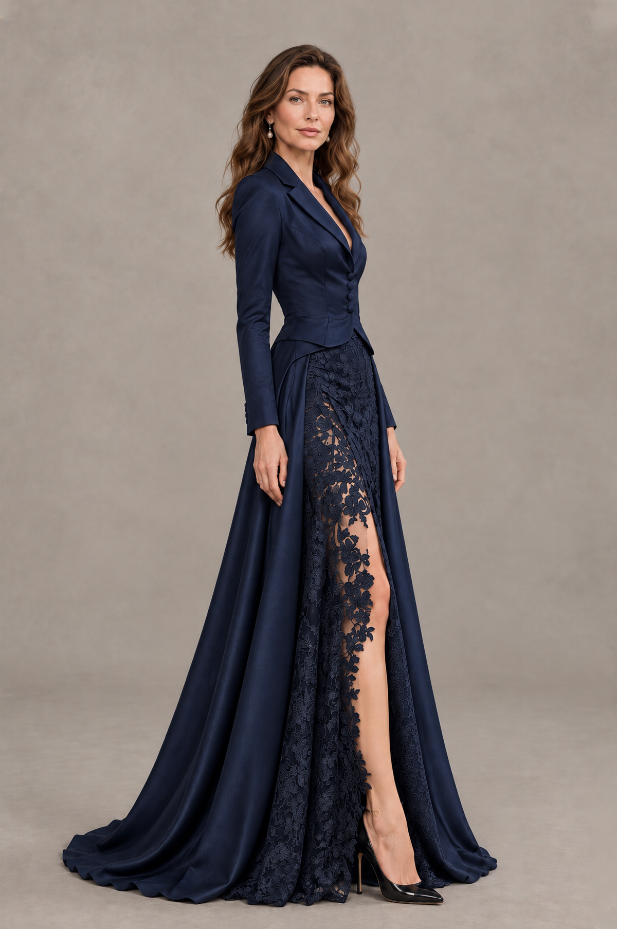 BOLODOO Navy Blue Long Sleeve Lace Blazer Gown with High Slit - Navy Blue - Navy Blue (3)