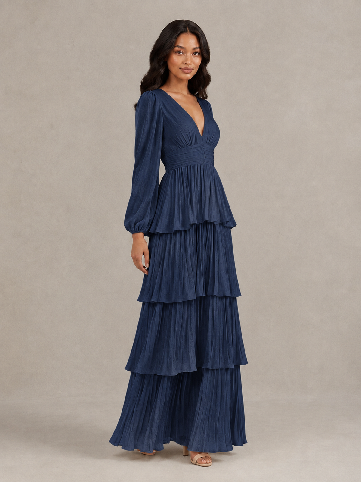 BOLODOO Navy Blue Long-Sleeve Tiered Maxi Dress with Deep V-Neck - Navy Blue