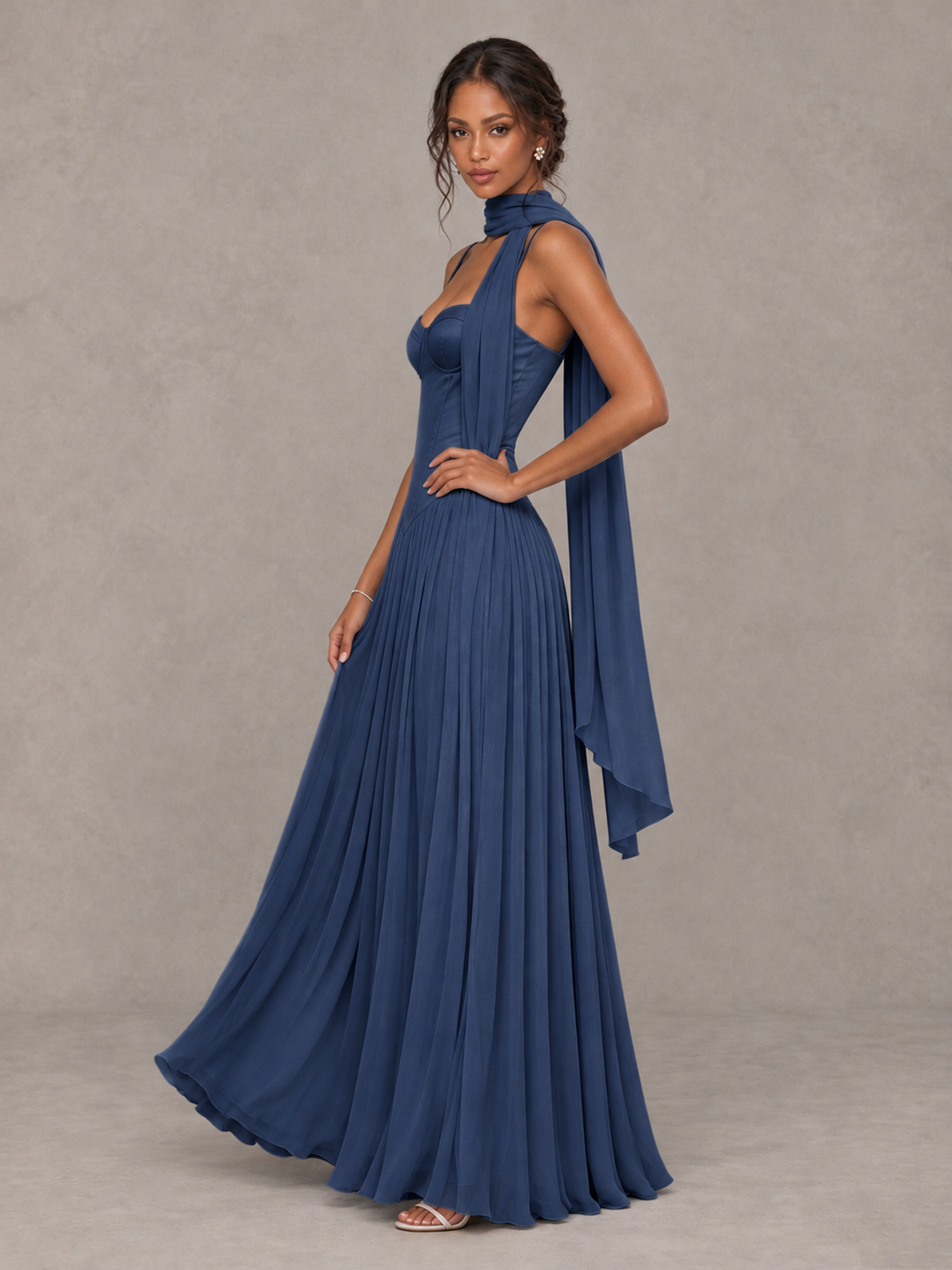 BOLODOO Navy Blue Corset Bridesmaid Dress with Scarf - Navy Blue - Navy Blue (3)