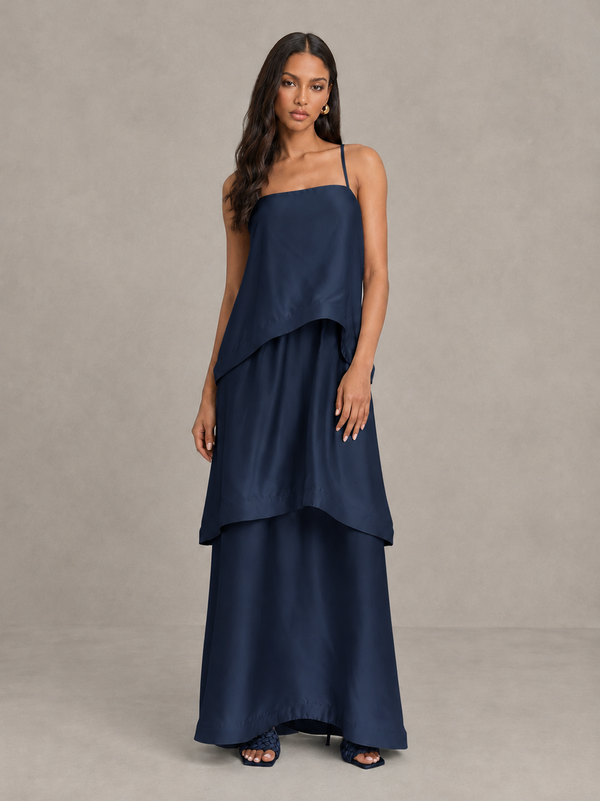 BOLODOO Navy Blue Satin Tiered Maxi Dress with Spaghetti Straps - Navy Blue