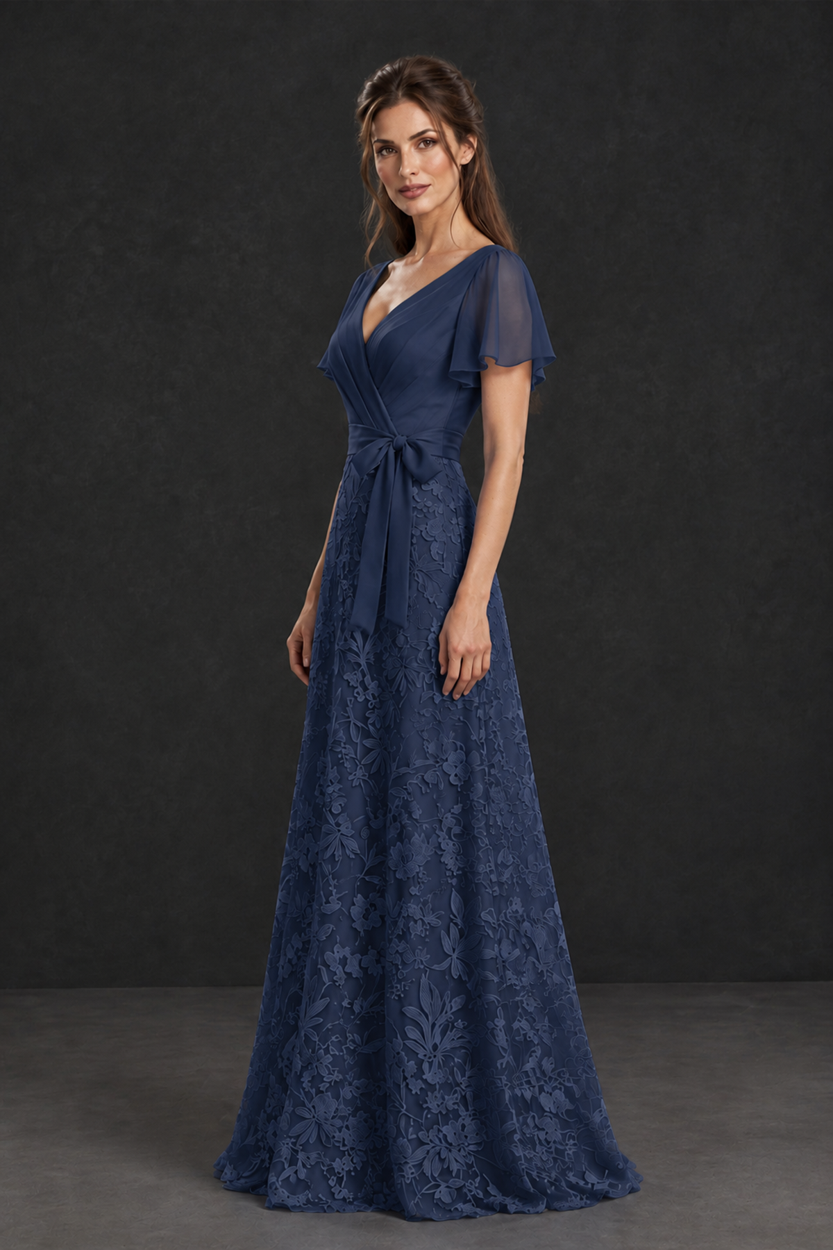 BOLODOO Navy Blue Flutter Sleeve Lace Mother of the Bride Dress - Navy Blue