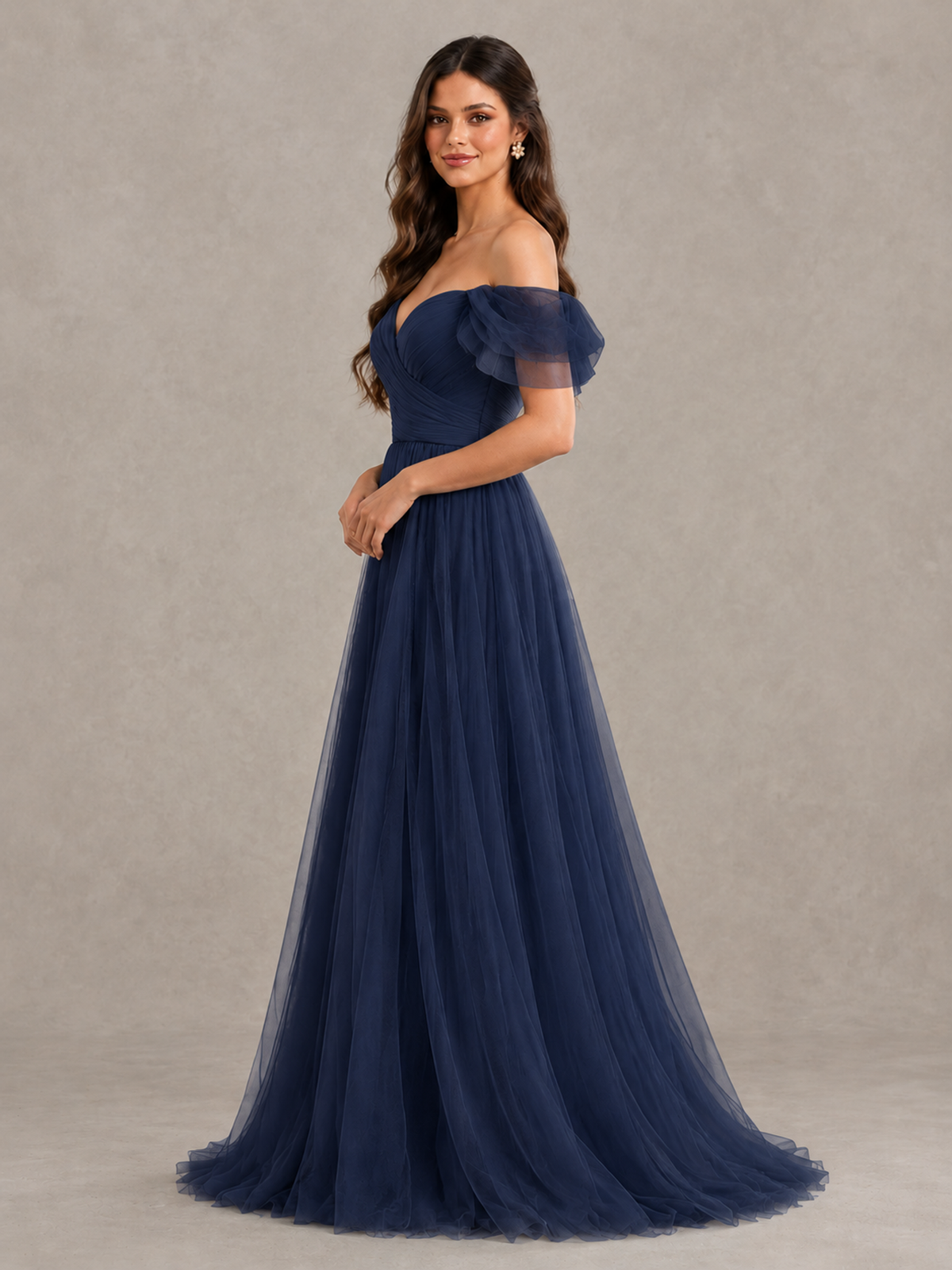 BOLODOO Navy Blue Off-the-Shoulder Ruffle Sleeve A-Line Bridesmaid Dress - Navy Blue - Navy Blue (3)