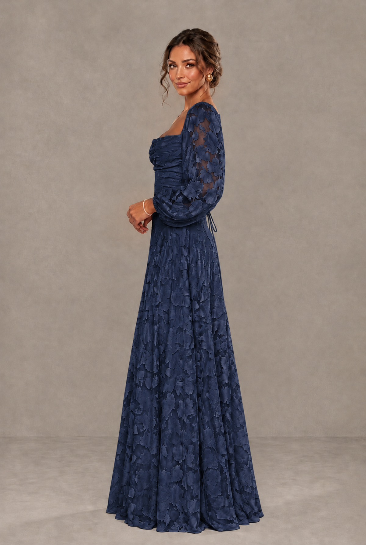 BOLODOO Floral Navy Blue Long Sleeve A-Line Dress with Lace-Up Back - Navy Blue