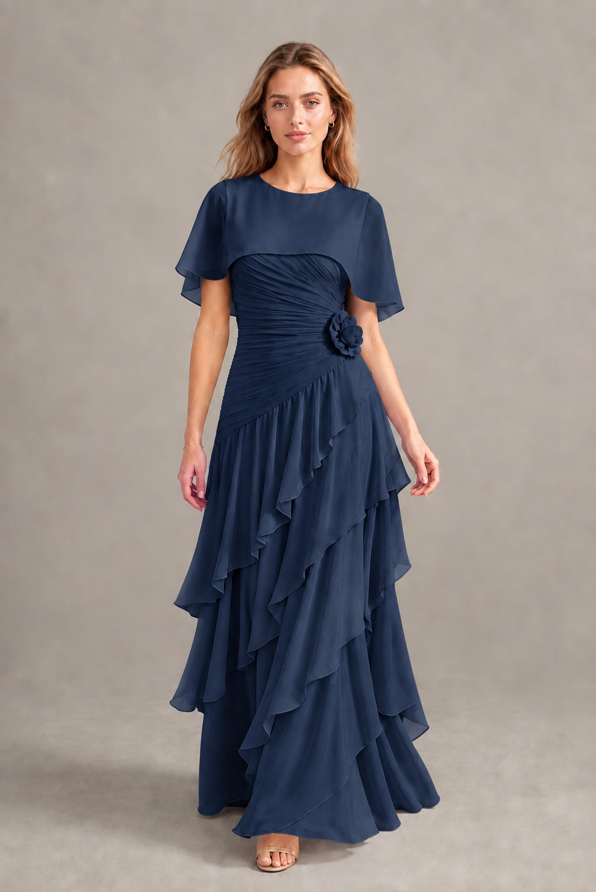 BOLODOO Navy Blue Chiffon Flutter Sleeve Tiered Maxi Dress with 3D Rosette - Navy Blue