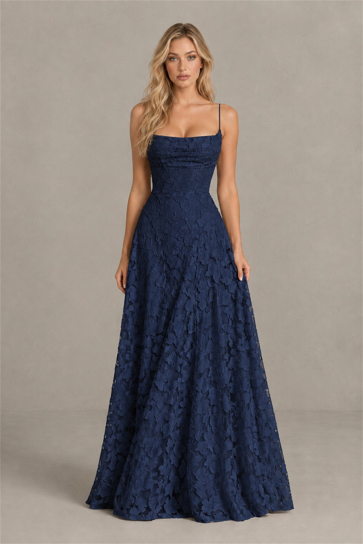 BOLODOO Navy Blue Floral Appliqué Lace-Up Back Maxi Dress - Navy Blue