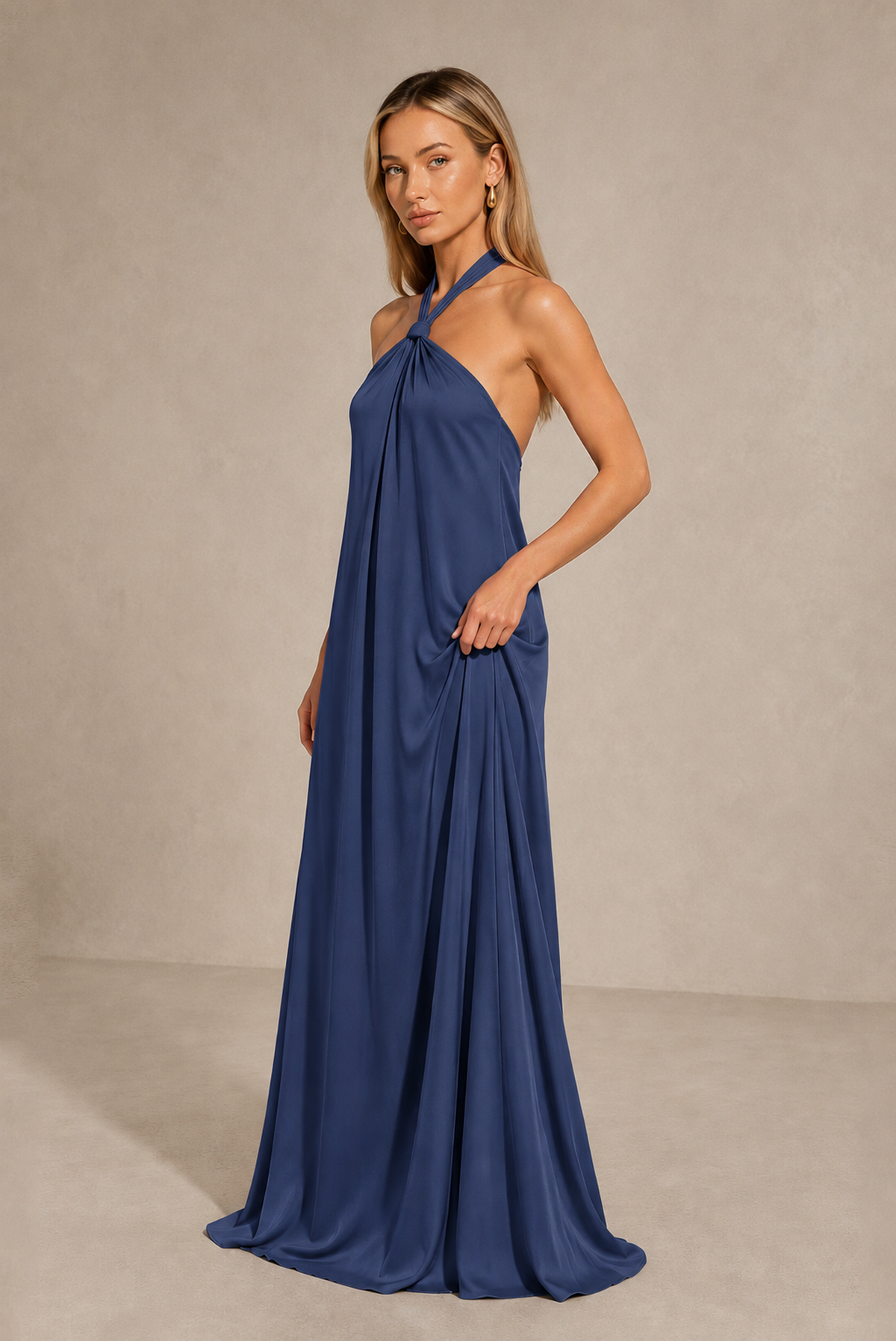 BOLODOO Navy Blue Backless Halter Satin Bridesmaid Dress - Navy Blue