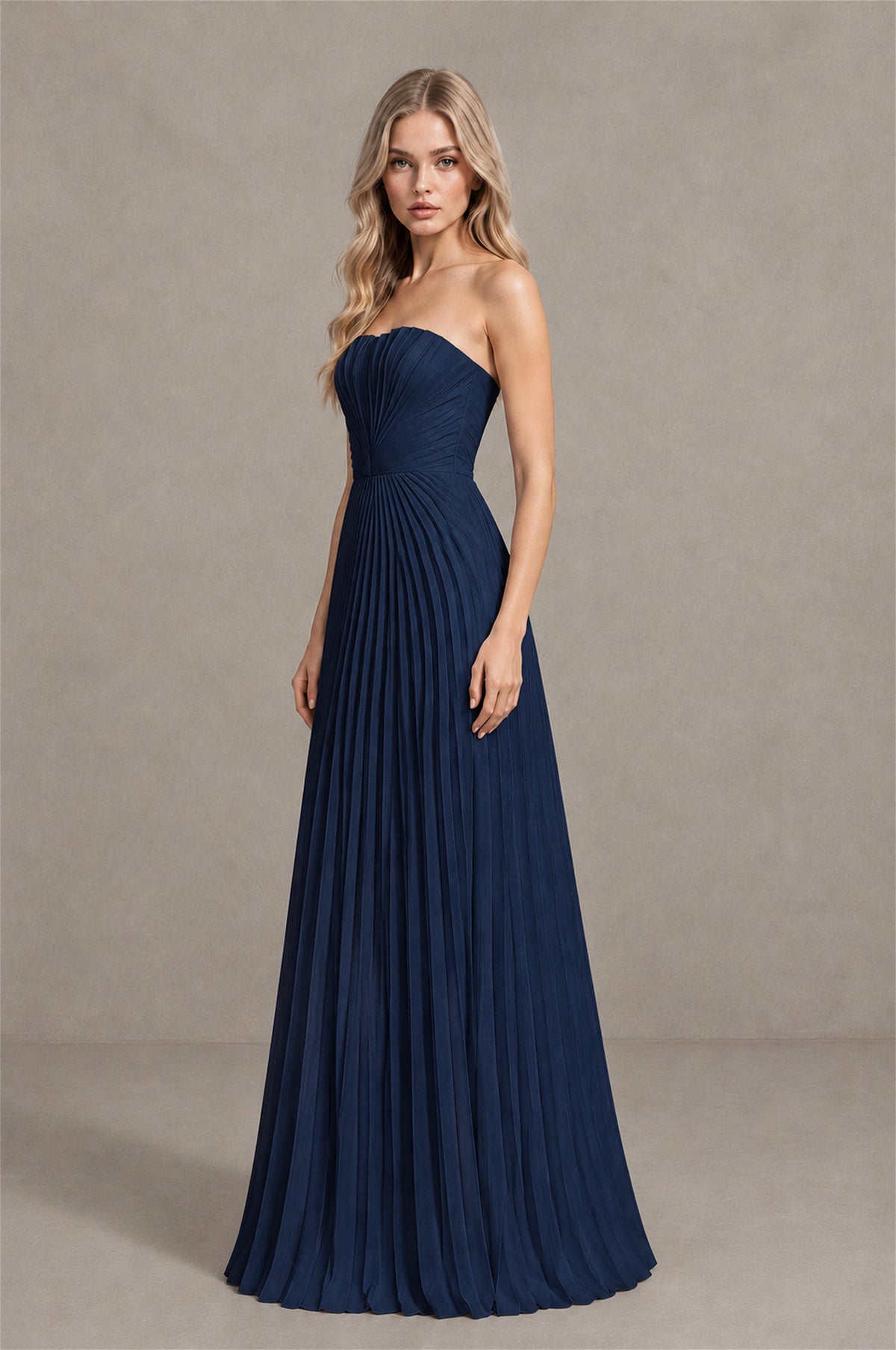BOLODOO Navy Blue Strapless Sunburst Pleated Twisted Knot Lace-Up Back Accordion Pleated Chiffon Maxi Dress - Navy Blue