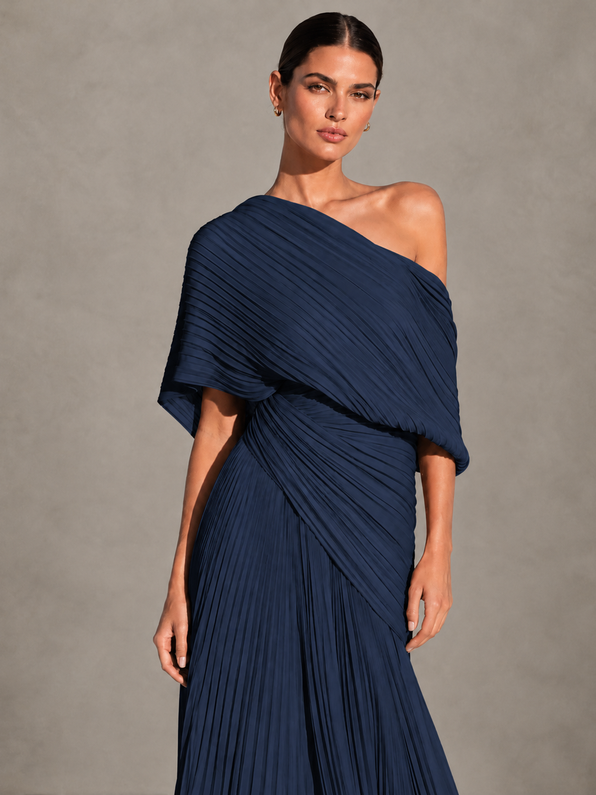 BOLODOO Navy Blue One-Shoulder Pleated Cape Evening Gown with Train - Navy Blue - Navy Blue (3)
