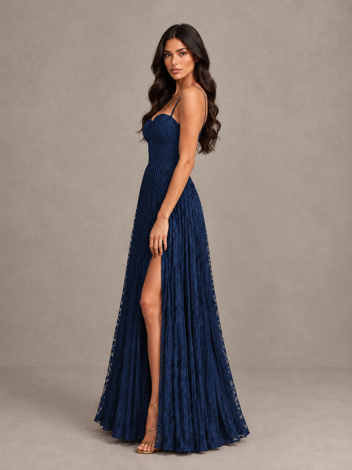 BOLODOO Navy Blue Pleated Bridesmaid Dress with Sweetheart Neckline & Slit - Navy Blue - Navy Blue (3)