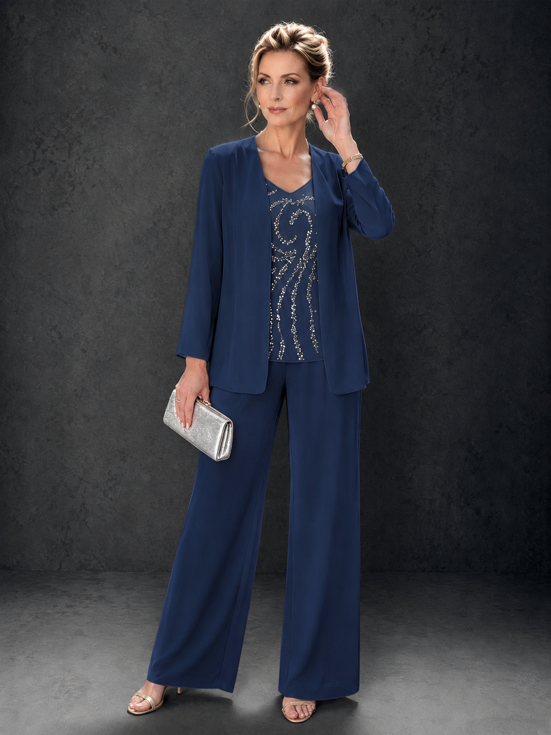 BOLODOO Navy Blue 3-Piece Mother of the Bride Pant Suit with Beaded Top & Chiffon Jacket - Navy Blue