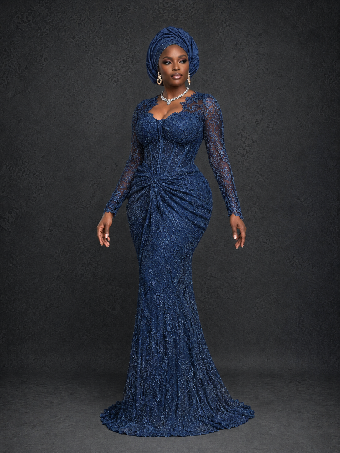 BOLODOO Navy Blue Beaded Lace Long Sleeve Mermaid Gown Sweetheart | Mother of the Bride - Navy Blue