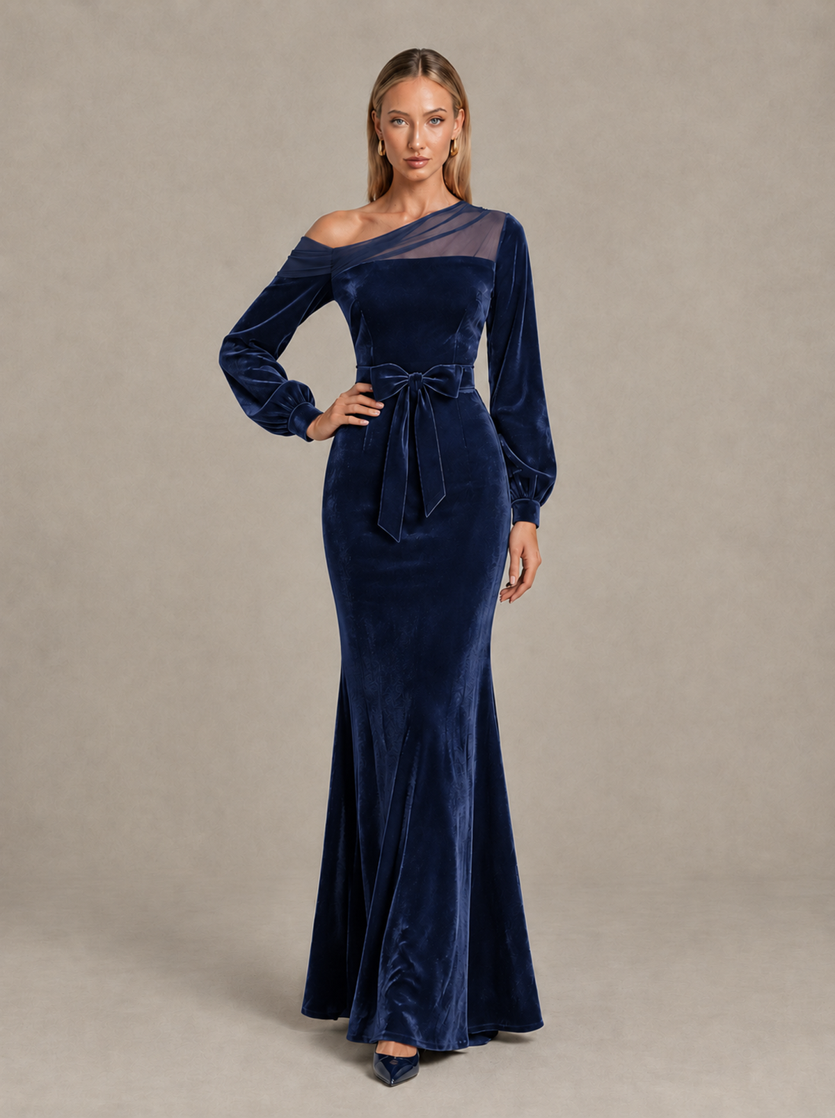 BOLODOO Navy Blue Velvet Mermaid Evening Dress with Long Sleeves - Navy Blue - Navy Blue (3)
