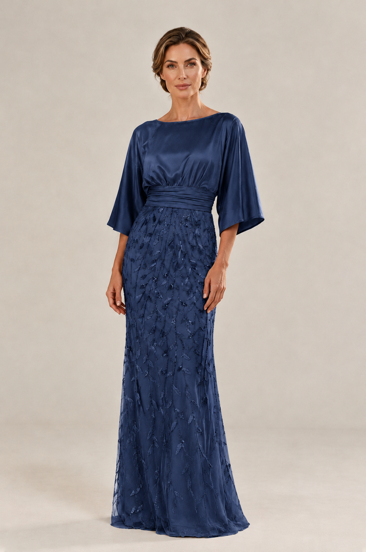 BOLODOO Navy Blue Mother of the Bride Dress with Kimono Sleeves, Satin Bodice & Sequin Embroidered Mermaid Floor-Length Gown - Navy Blue - Navy Blue (3)