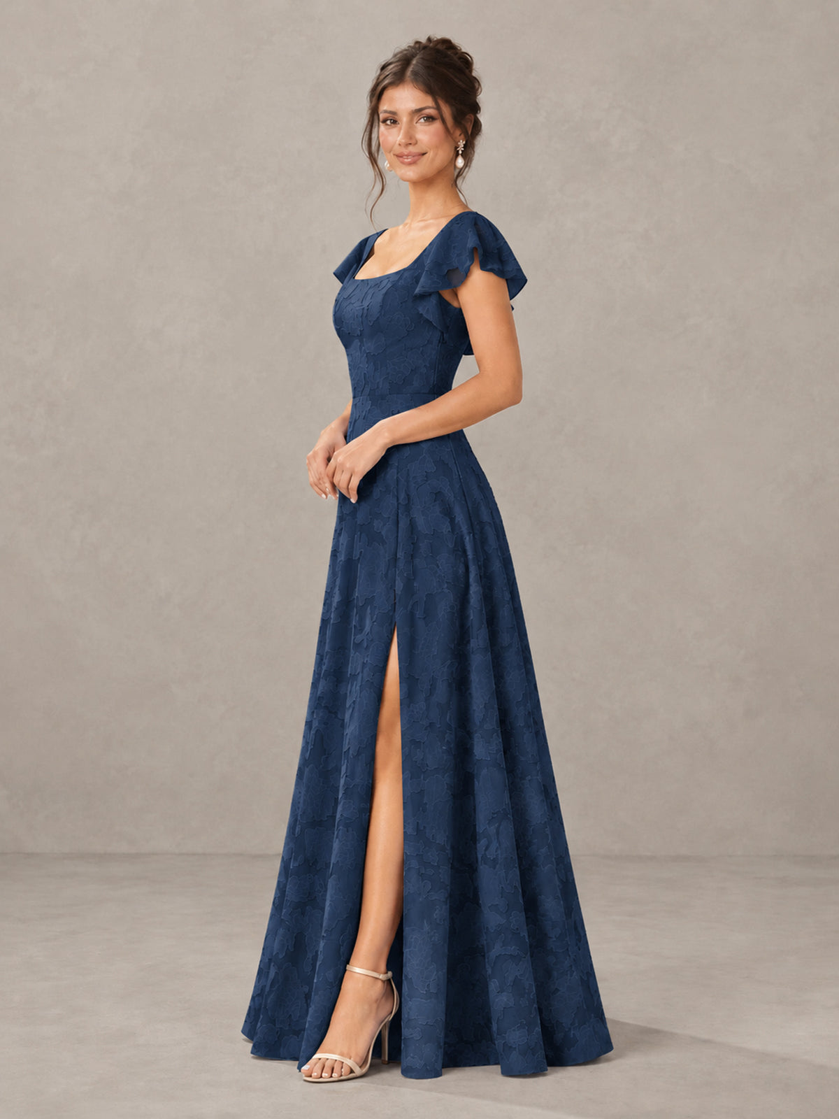 BOLODOO Navy Blue Floral Flutter Sleeve Bridesmaid Dress with Slit - Navy Blue - Navy Blue (3)