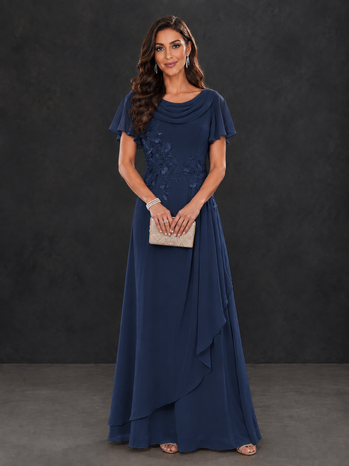 BOLODOO Navy Blue Floral Flutter Sleeve Mother of the Bride Dress - Navy Blue