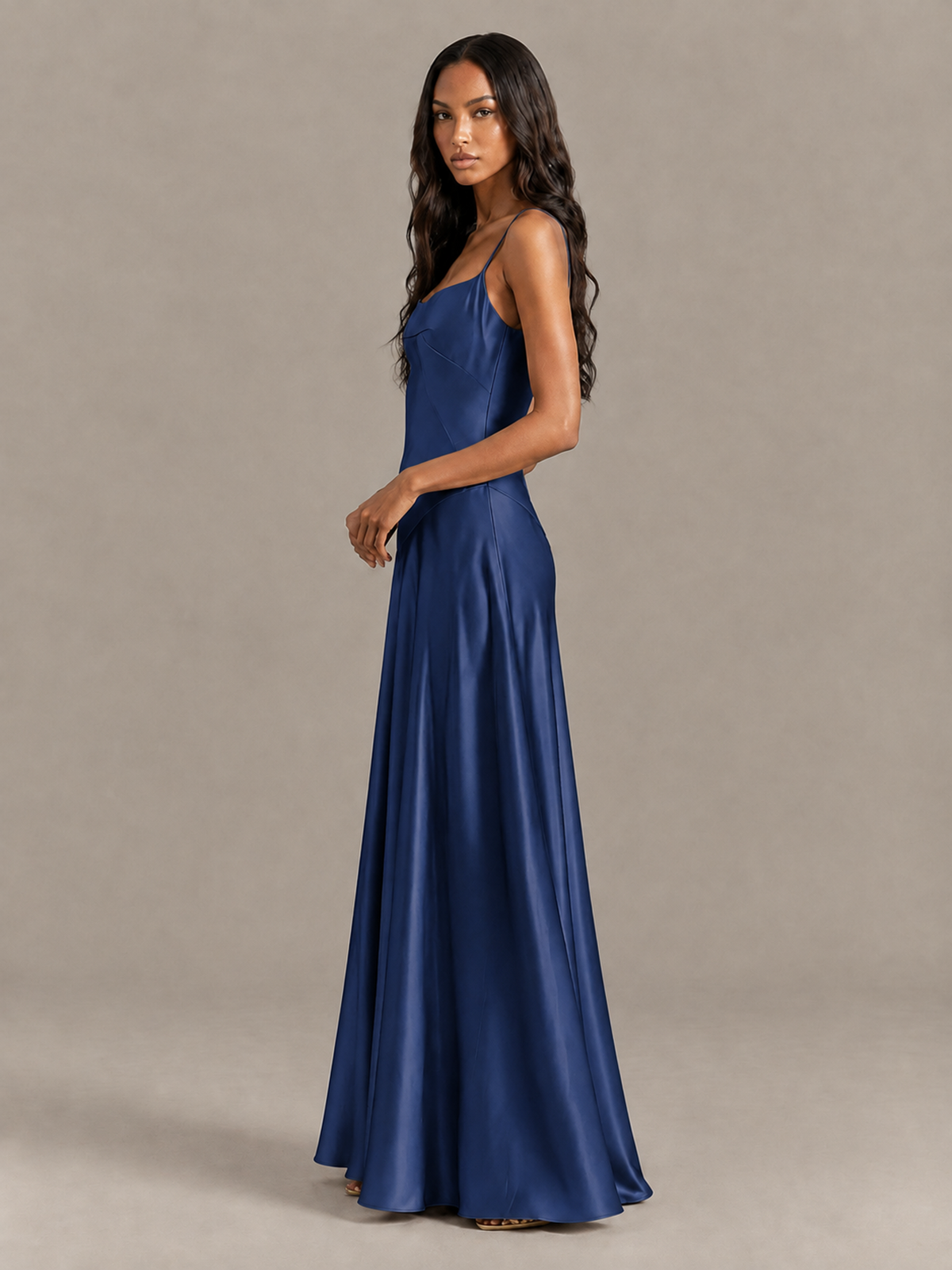 BOLODOO Navy Blue Satin Lace-Up Back Maxi Dress - Navy Blue