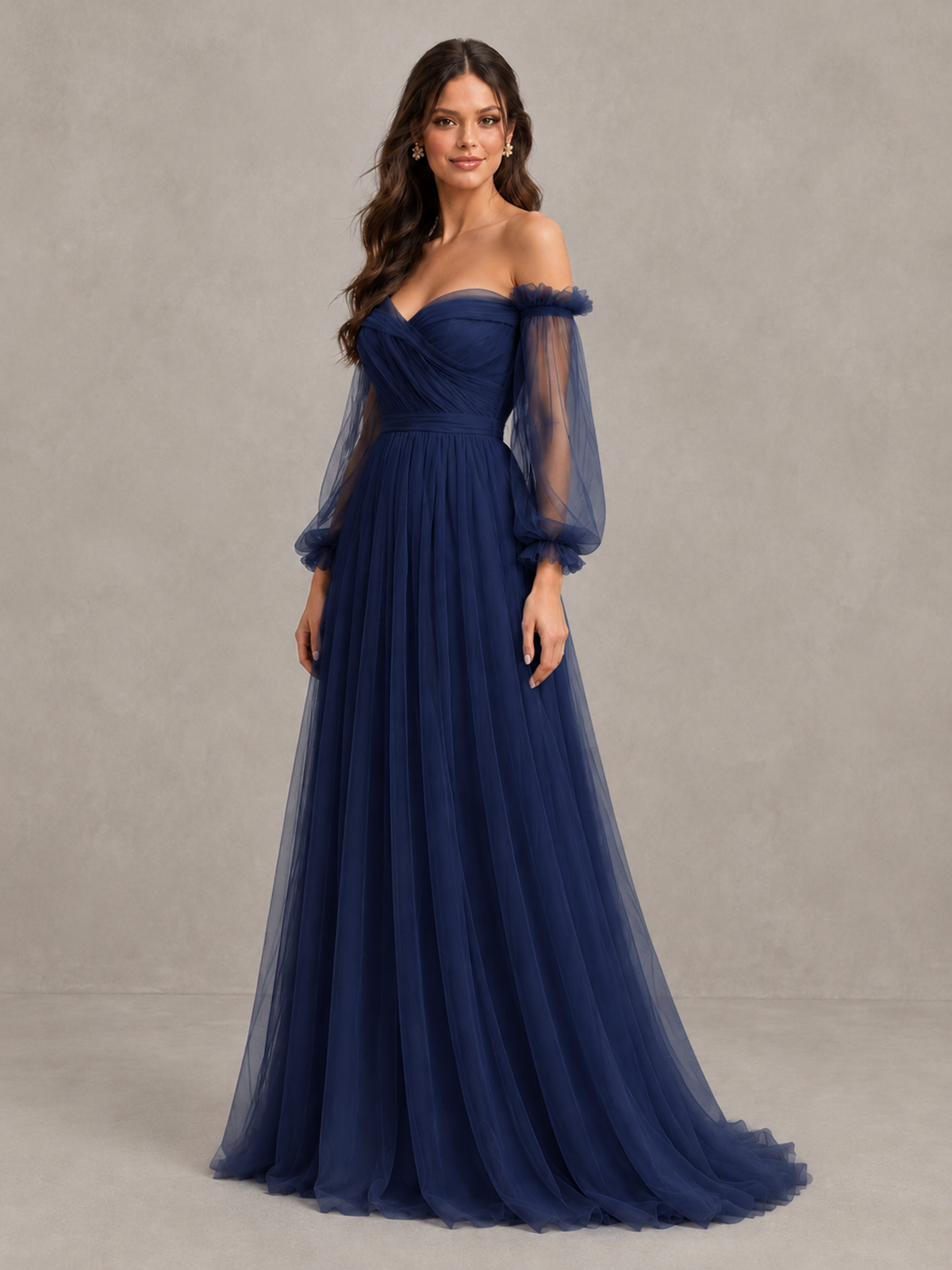 BOLODOO Navy Blue Off-the-Shoulder Long Sleeve A-Line Bridesmaid Dress - Navy Blue - Navy Blue (3)