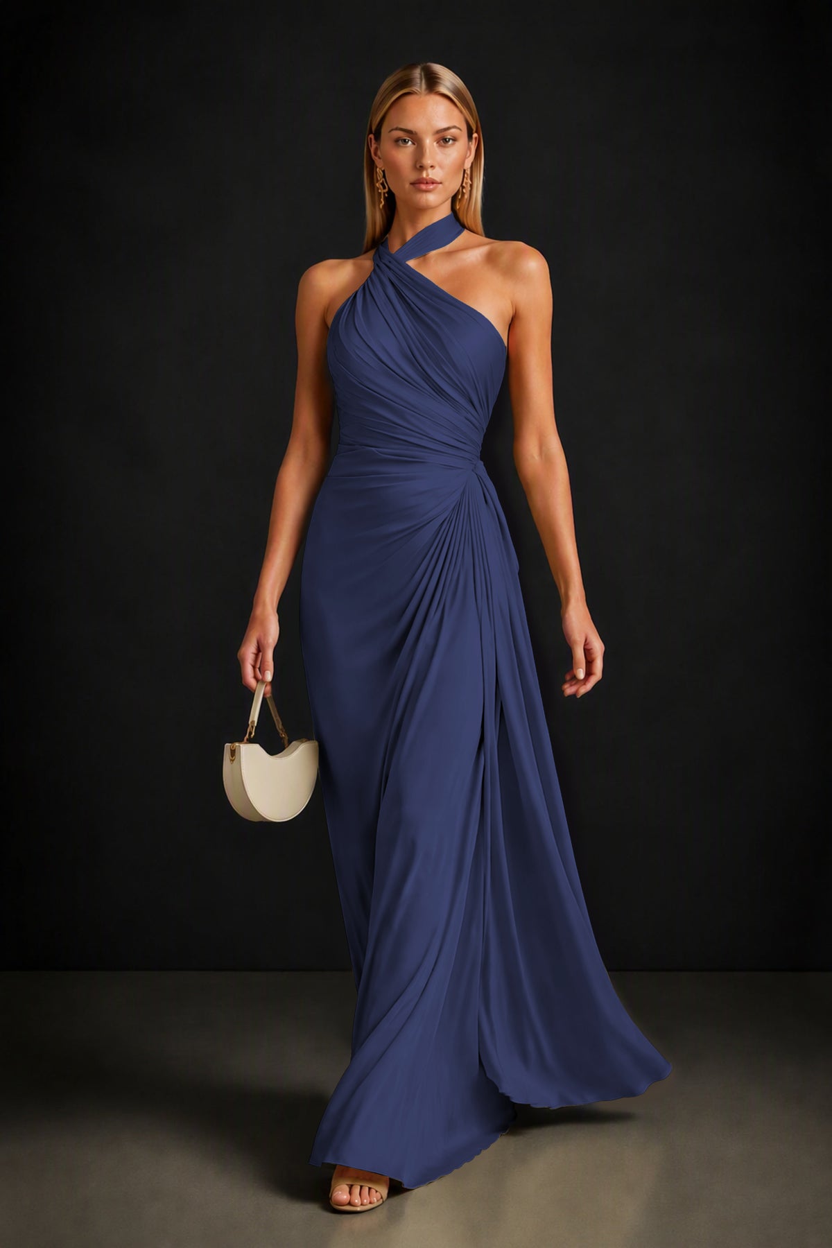 BOLODOO Navy Blue Twisted Halter Neck Ruched Sleeveless Open Back Floor-Length Gown - Navy Blue