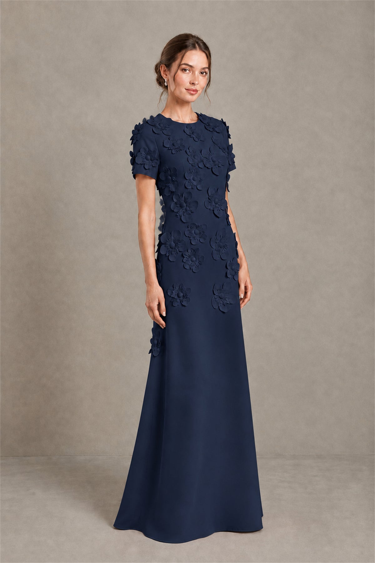 BOLODOO Navy Blue Textured Floral Maxi Dress with Short Sleeves - Navy Blue