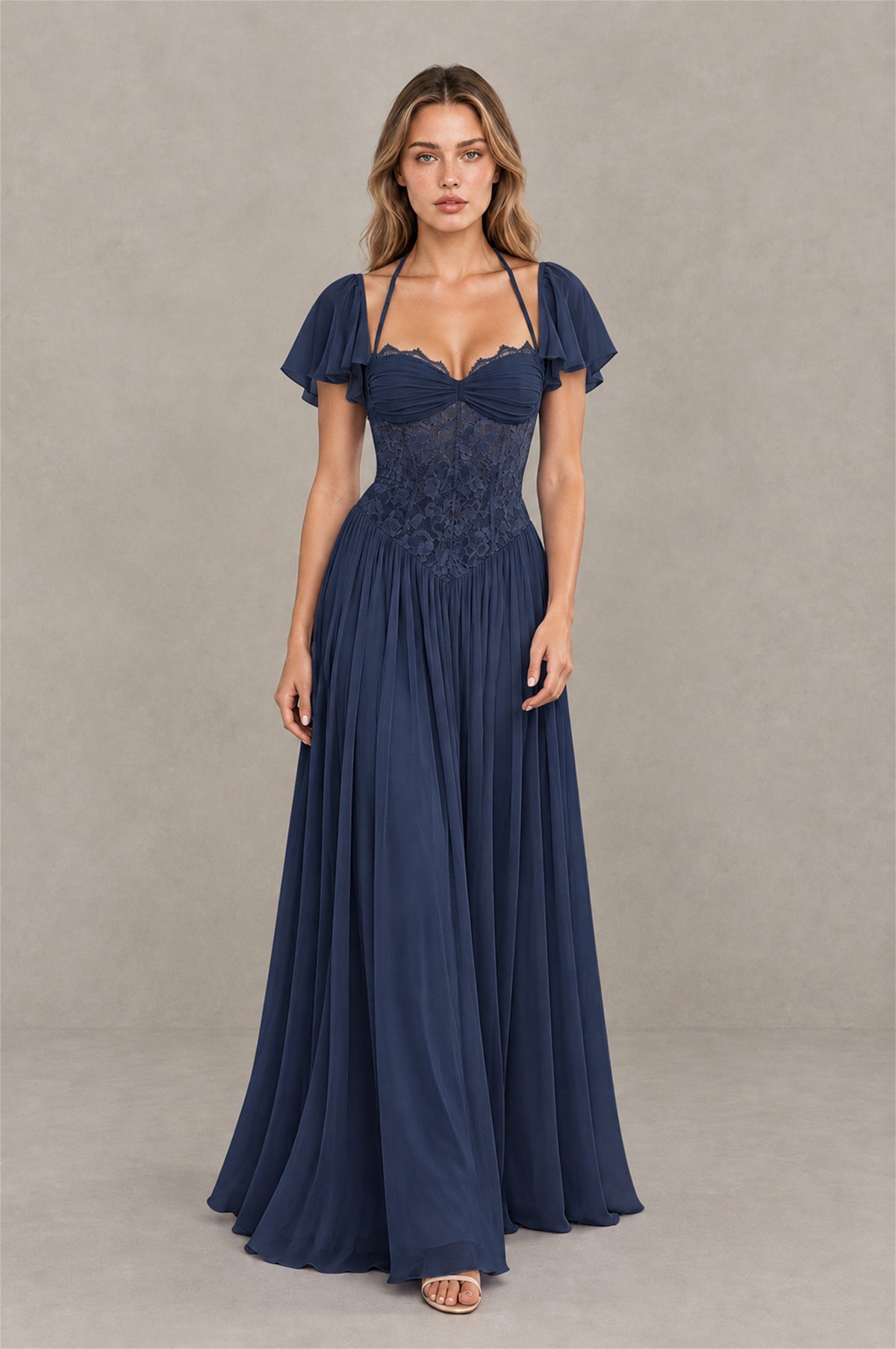 BOLODOO Navy Blue Flutter Sleeve Lace Corset A-Line Maxi Dress - Navy Blue - Navy Blue (3)