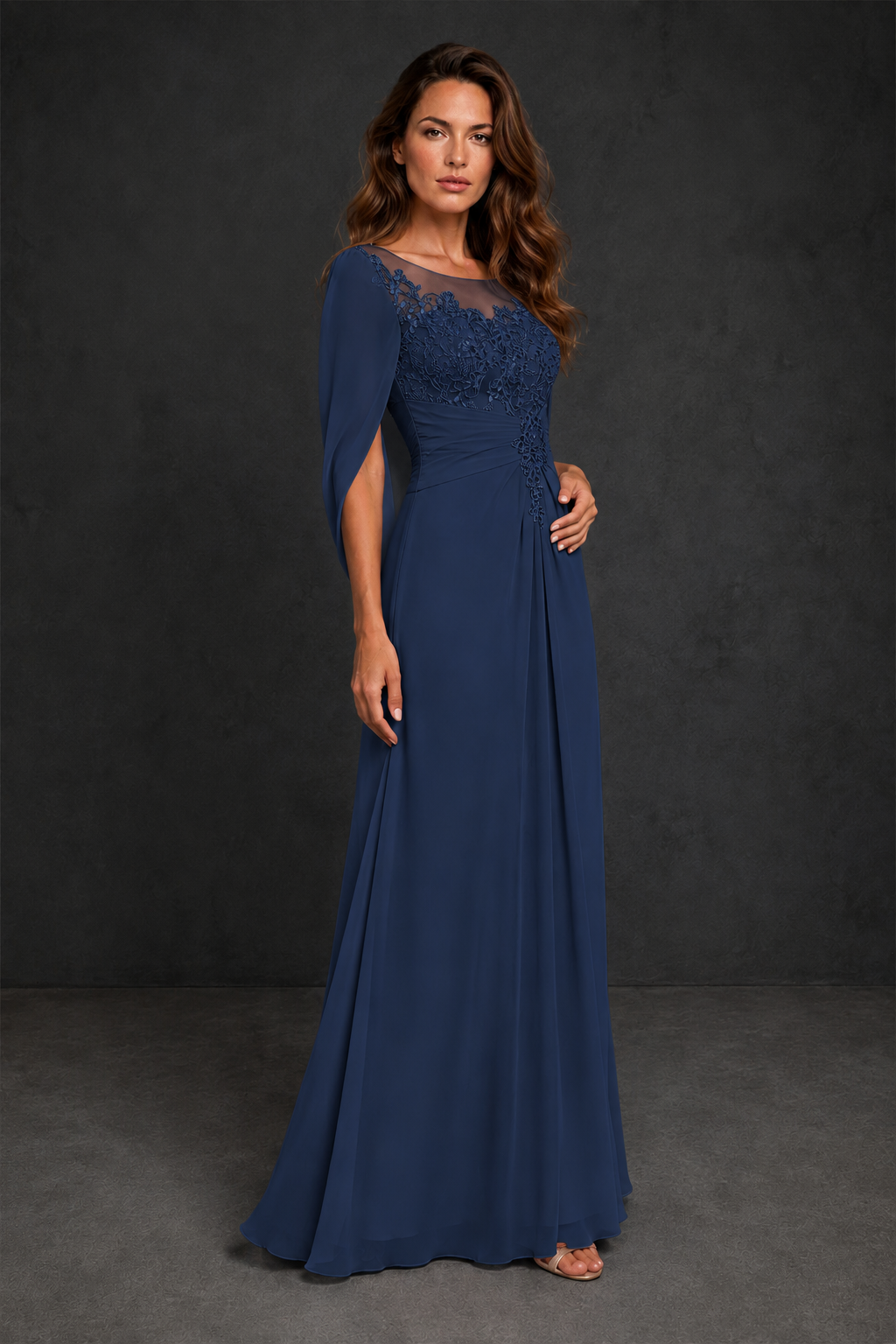 BOLODOO Navy Blue Illusion Lace One-Side Cape Sleeve Beaded Chiffon Floor Length Gown | Mother of the Bride Evening Dress - Navy Blue