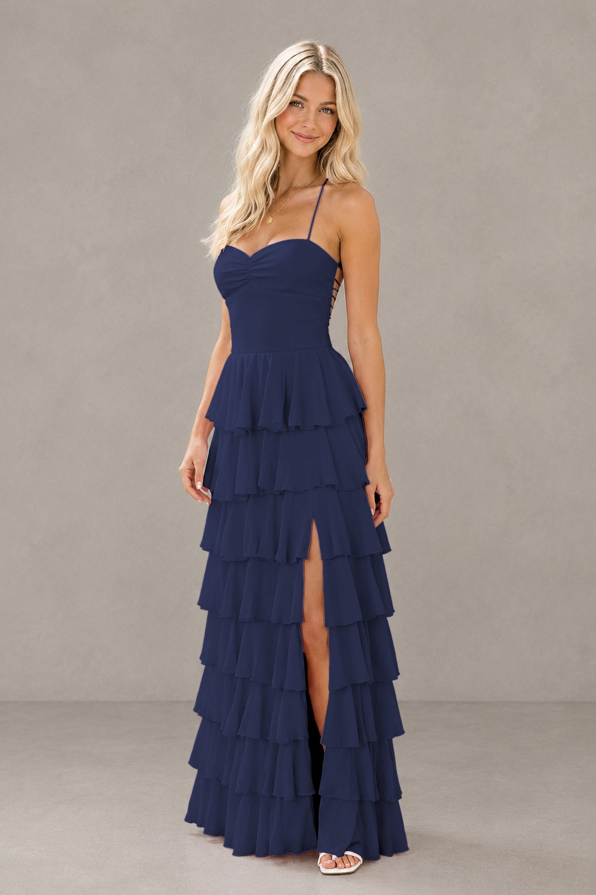 BOLODOO Navy Blue Strapless Tiered Ruffle Maxi Dress with Slit & Lace-Up Back - Navy Blue