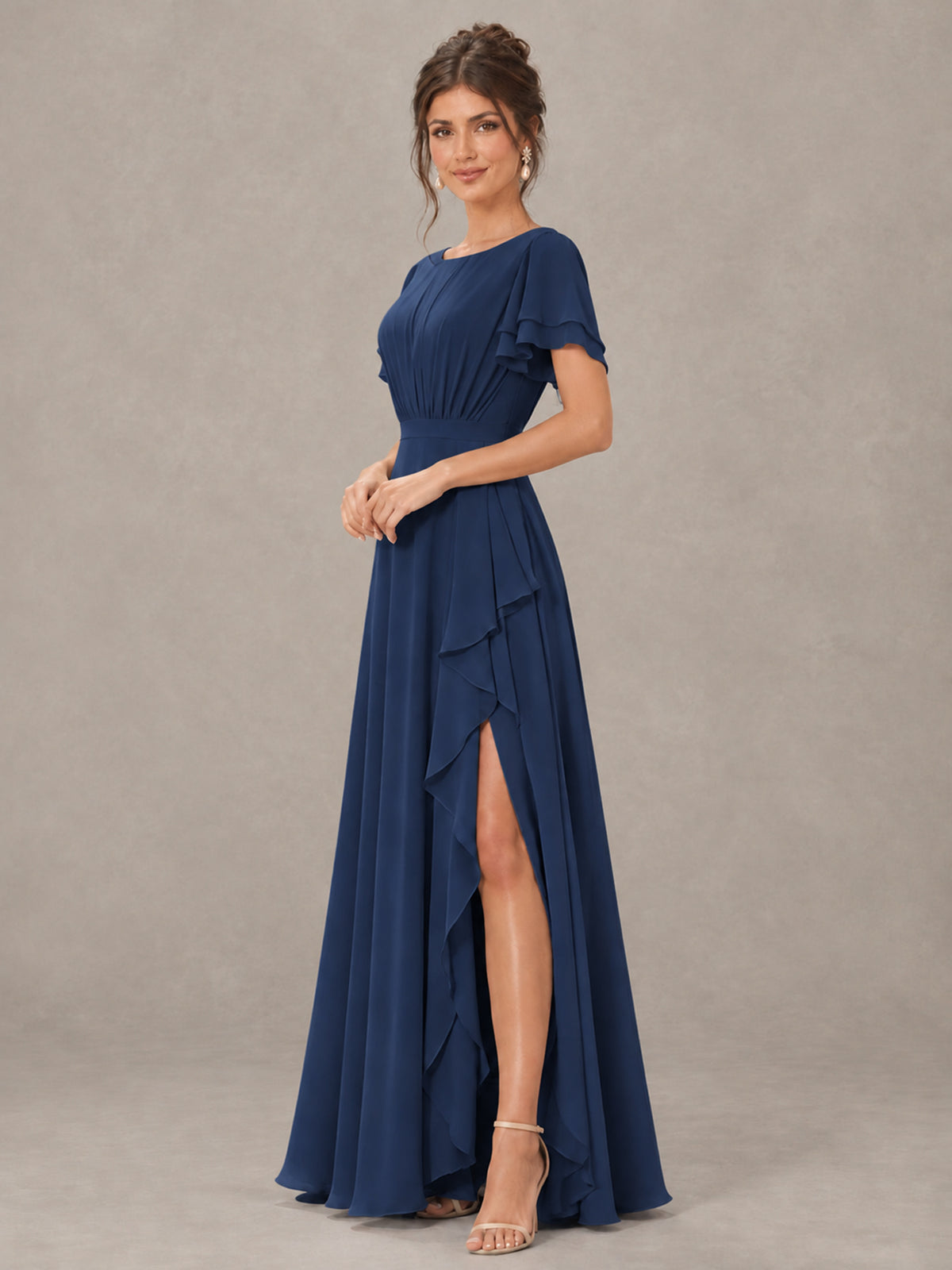 BOLODOO Navy Blue Flutter Sleeve Ruffle Bridesmaid Dress with Slit - Navy Blue - Navy Blue (3)