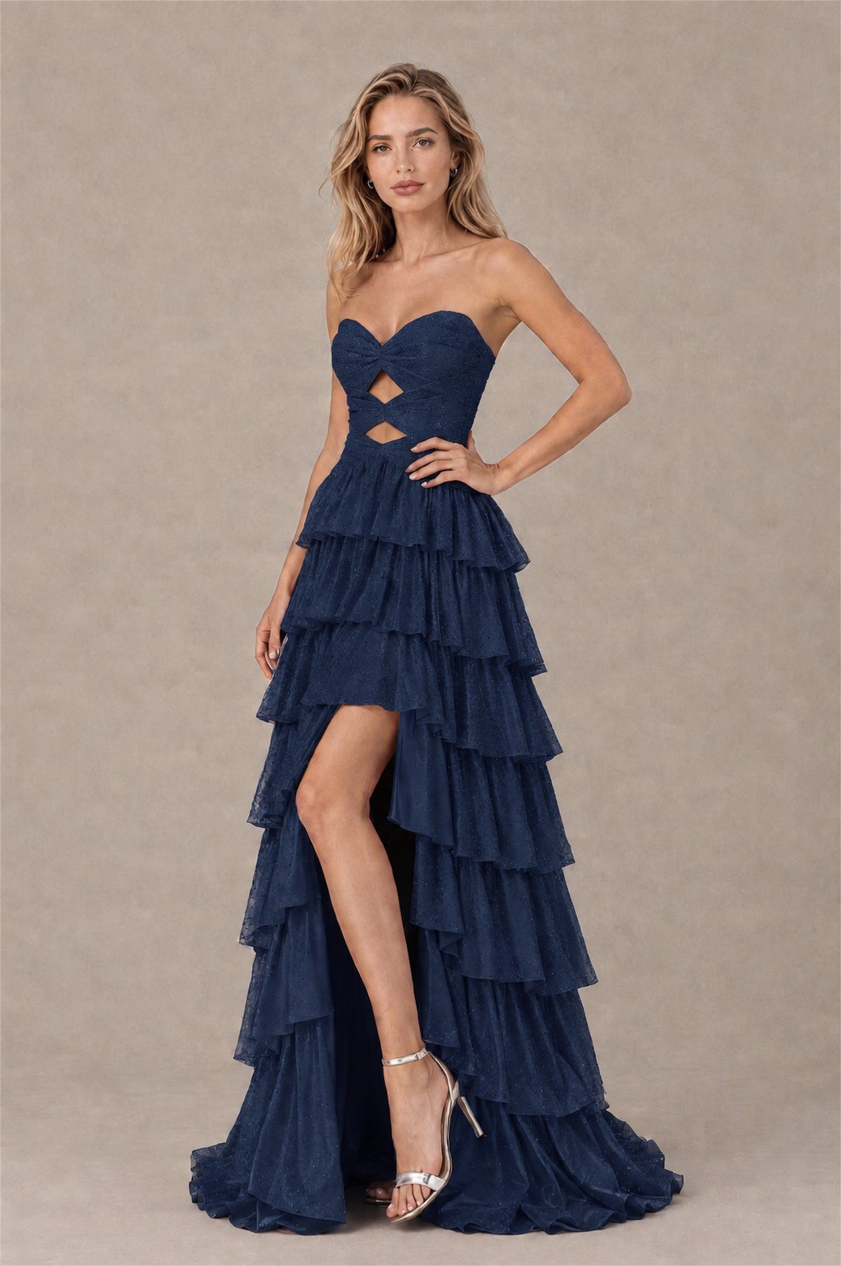 BOLODOO Navy Blue Strapless Cutout Tiered Ruffle Prom Dress with High Slit - Navy Blue - Navy Blue (3)