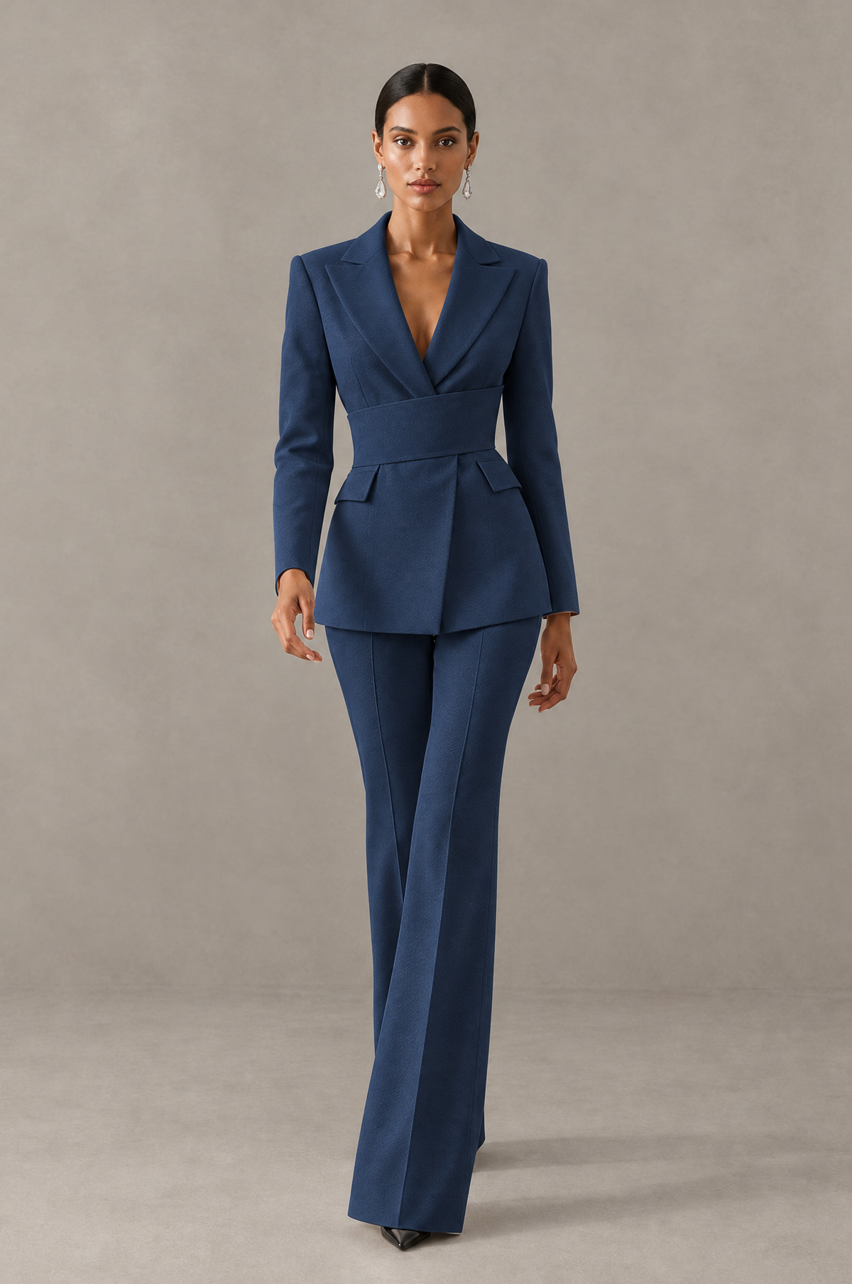 BOLODOO Navy Blue Two-Piece Pantsuit with Tailored Blazer & Flared Pants - Navy Blue - Navy Blue (3)