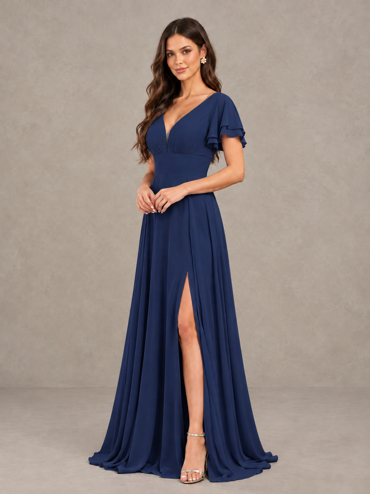 BOLODOO Navy Blue Flutter Sleeve Chiffon A-Line Maxi Bridesmaid Dress with Open Back & Slit - Navy Blue - Navy Blue (3)