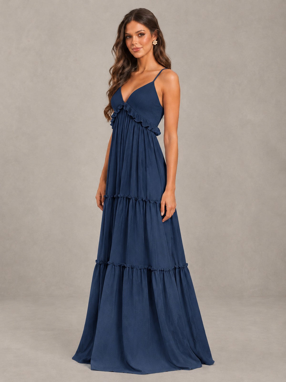 BOLODOO Navy Blue Tiered V-Neck Lace-Up Back Bridesmaid Dress - Navy Blue - Navy Blue (3)