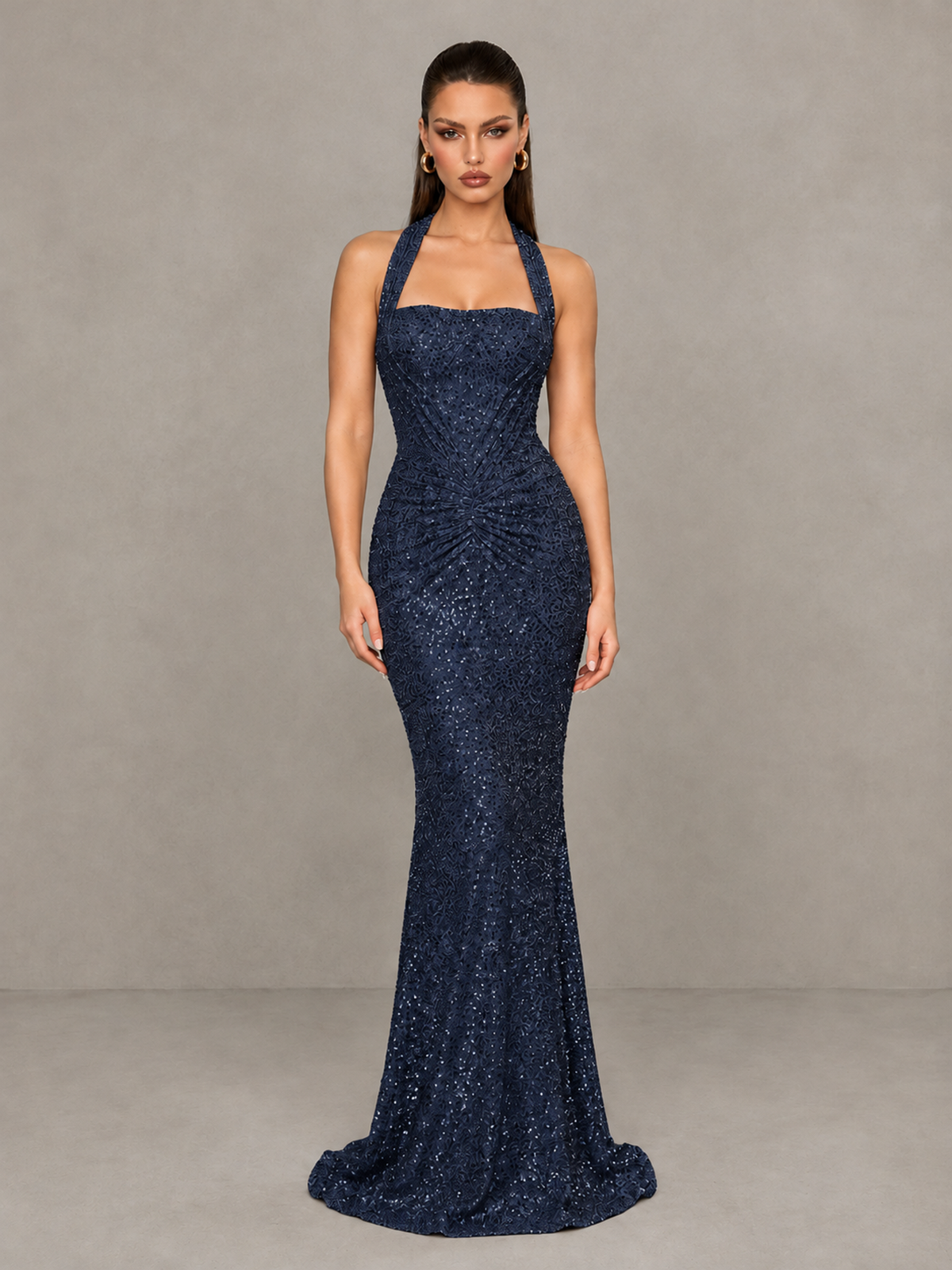BOLODOO Navy Blue Sequin Halter Mermaid Evening Gown - Navy Blue - Navy Blue (3)