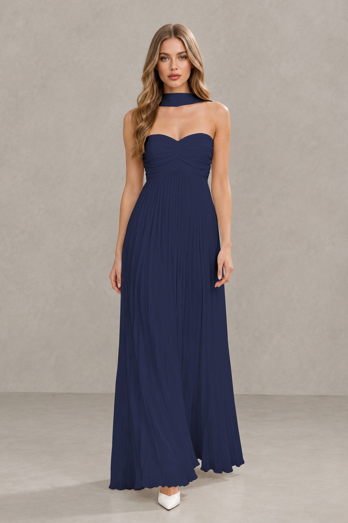 BOLODOO Navy Blue Strapless Chiffon-Look Maxi Dress with Lace-Up Back & Cape - Navy Blue
