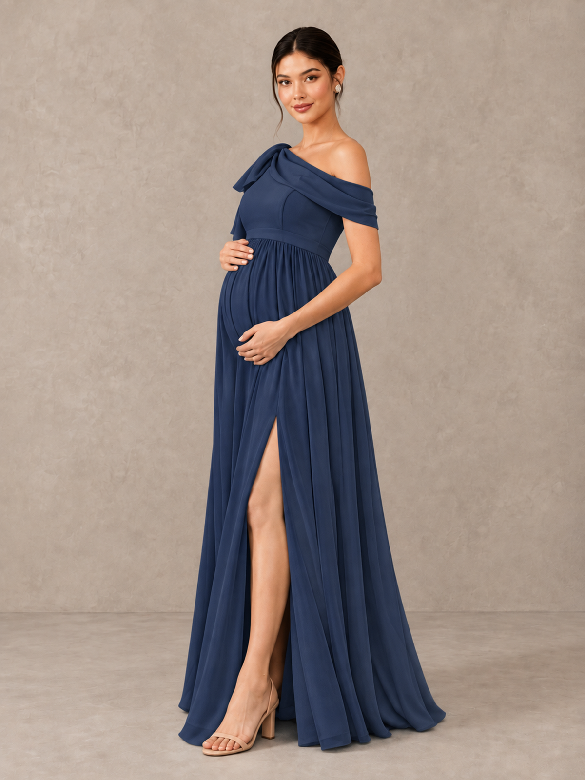 BOLODOO Navy Blue One-Shoulder Maternity Bridesmaid Dress with Slit - Navy Blue - Navy Blue (3)