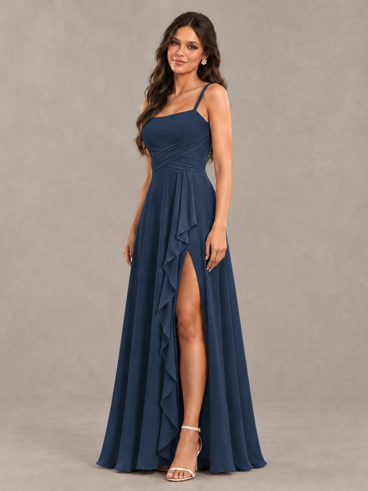 BOLODOO Navy Blue Spaghetti Strap Ruffle Bridesmaid Dress with Slit - Navy Blue - Navy Blue (3)