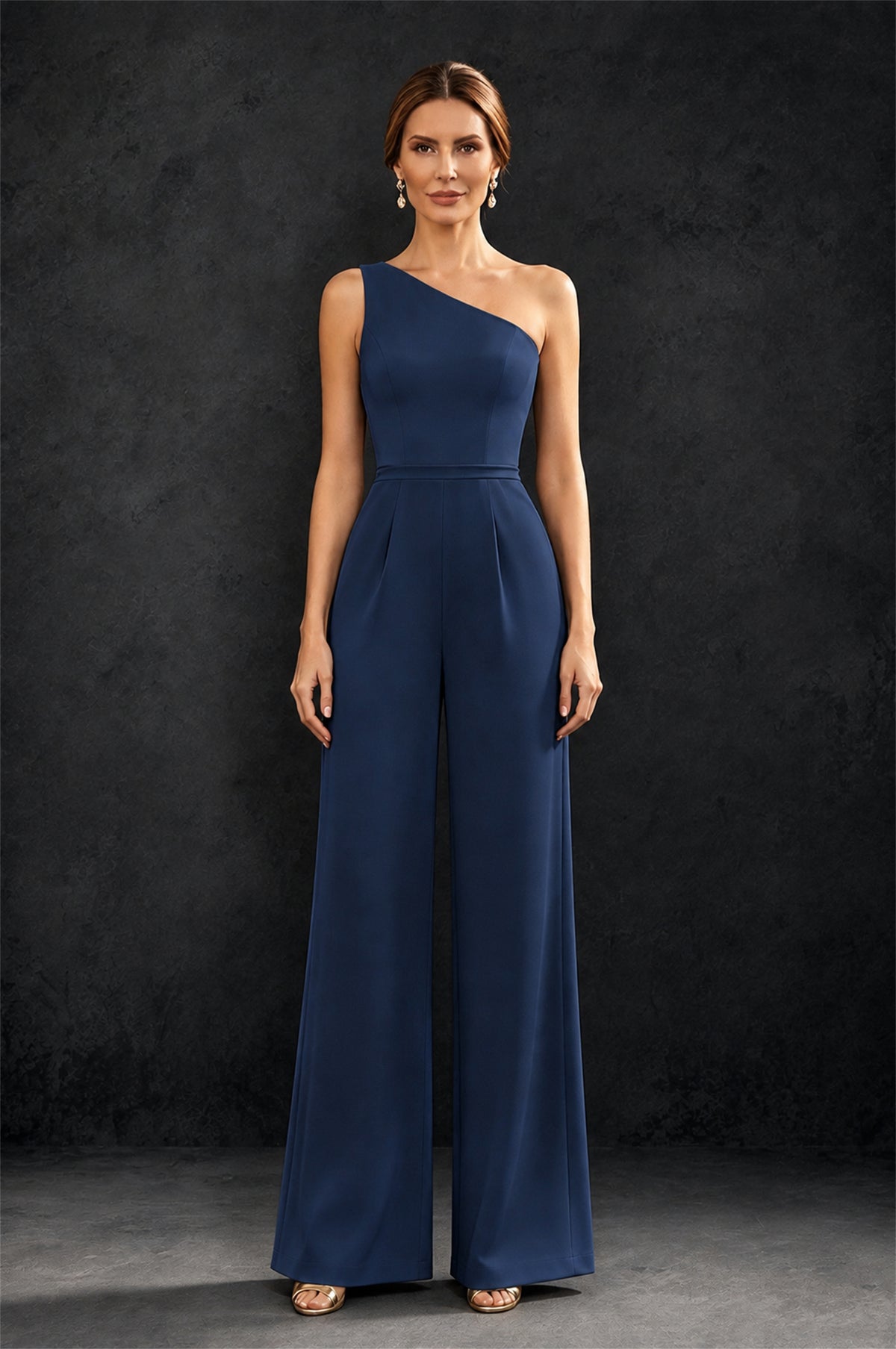 BOLODOO Navy Blue 2-Piece Set: Off-Shoulder 3D Floral Cape Gown & One-Shoulder Wide-Leg Jumpsuit | BD0373 - Navy Blue