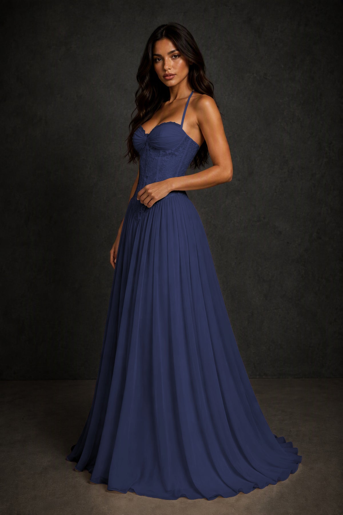 BOLODOO Navy Blue Lace Corset Halter Maxi Gown – Backless A-Line Formal Dress - Navy Blue