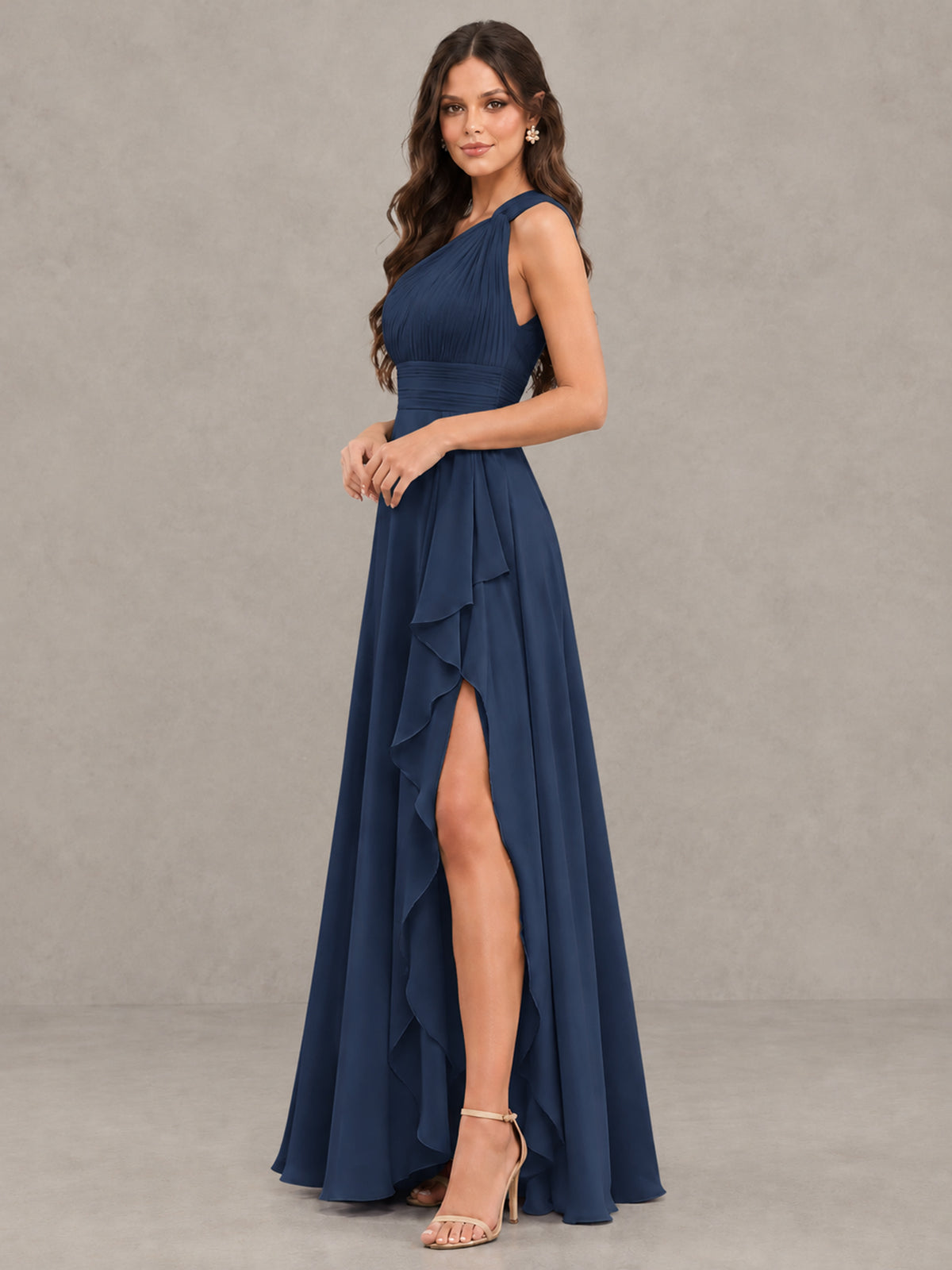 BOLODOO Navy Blue One-Shoulder Ruffle Bridesmaid Dress with Slit - Navy Blue - Navy Blue (3)