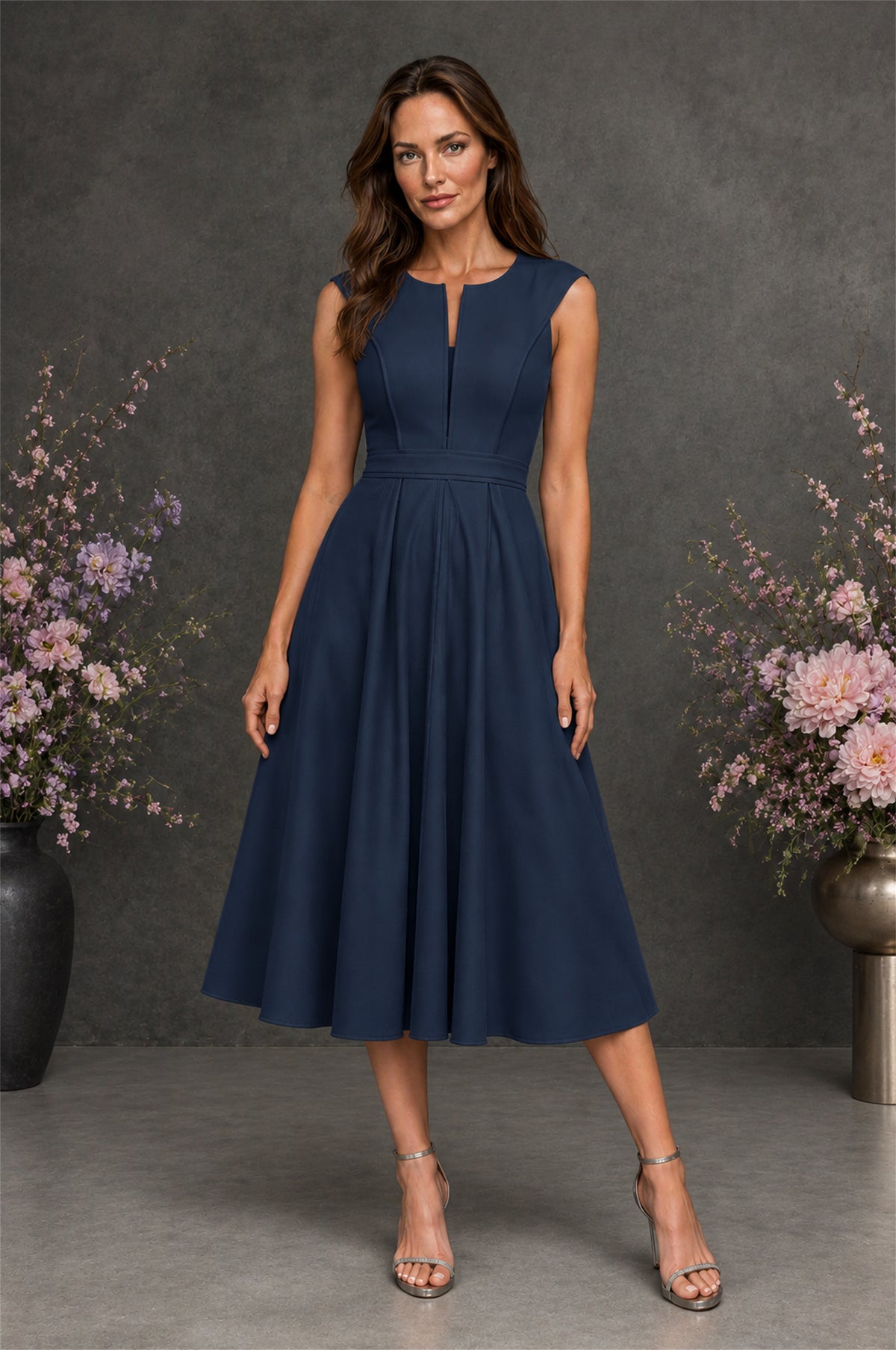 BOLODOO Navy Blue 3D Rosette Appliqué 3/4 Sleeve Jacket & V-Notch Sleeveless A-Line Tea-Length Two-Piece Dress Set - Navy Blue