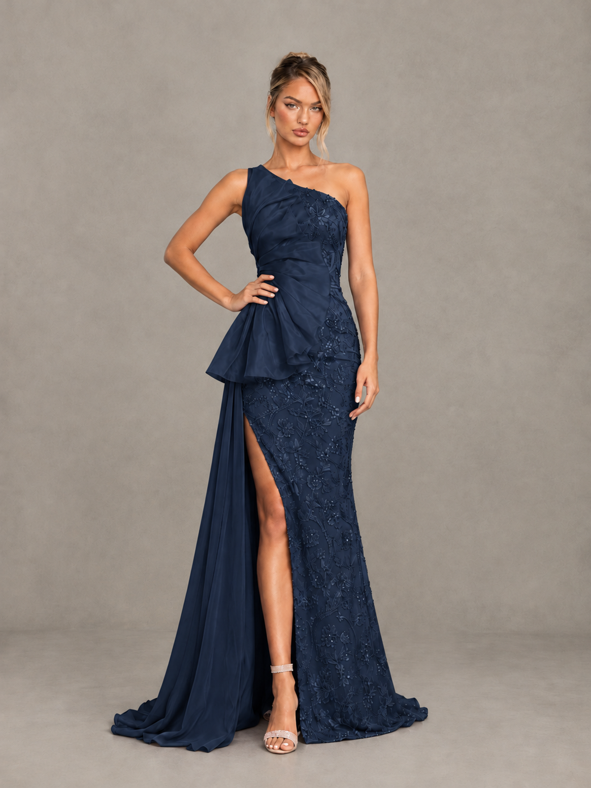 BOLODOO Navy Blue One-Shoulder Floral Lace Evening Gown with High Slit - Navy Blue - Navy Blue (3)