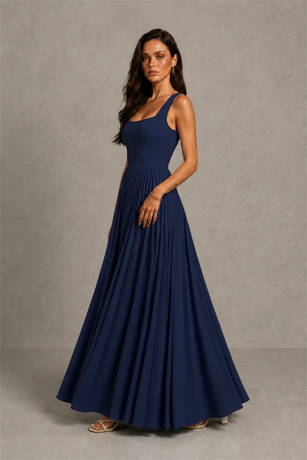 BOLODOO Navy Blue Square Neck Wide Strap Lace-Up Back Pleated A-Line Chiffon Maxi Dress - Navy Blue