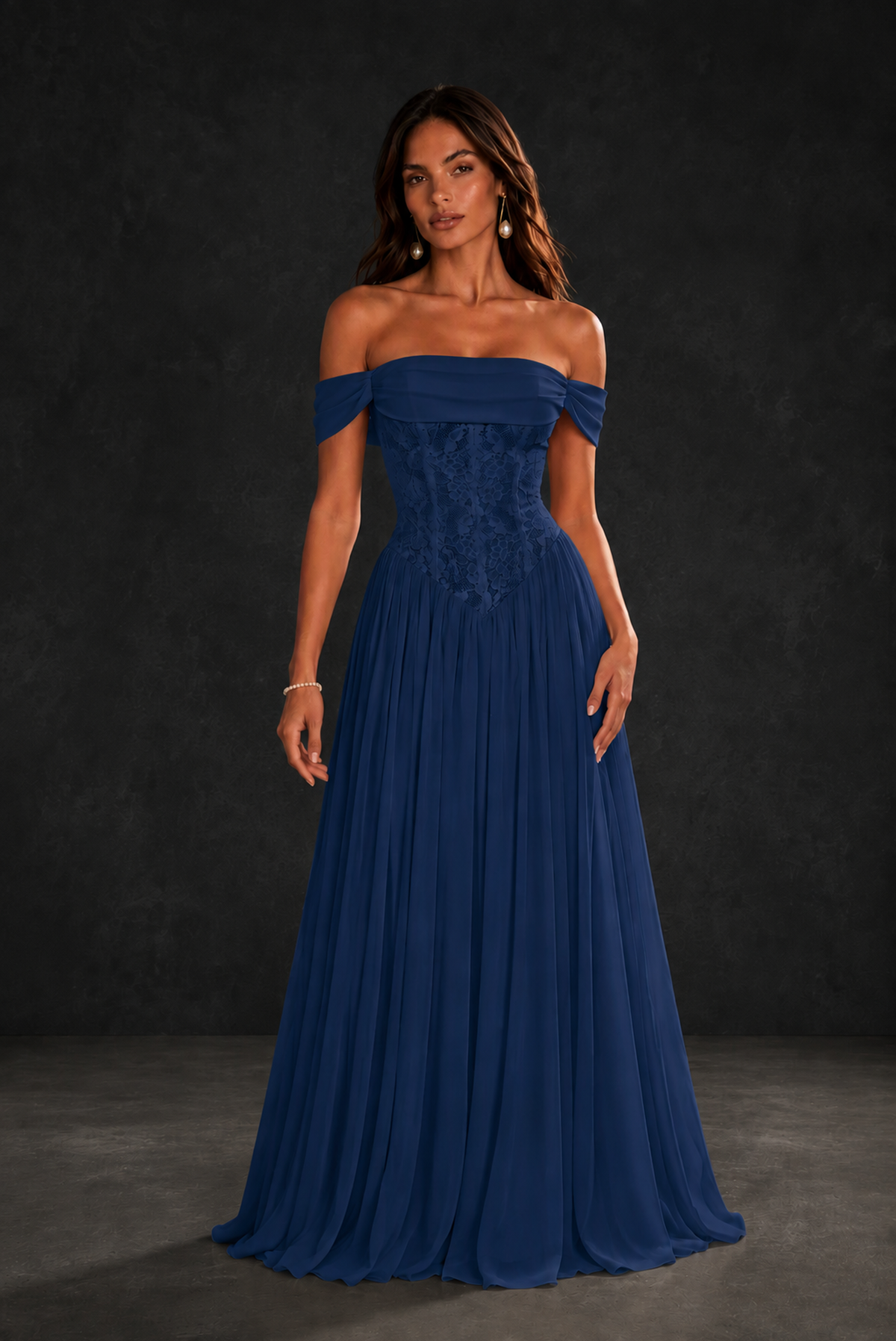 BOLODOO Navy Blue Off-Shoulder Lace Corset Tulle Maxi Dress - Navy Blue