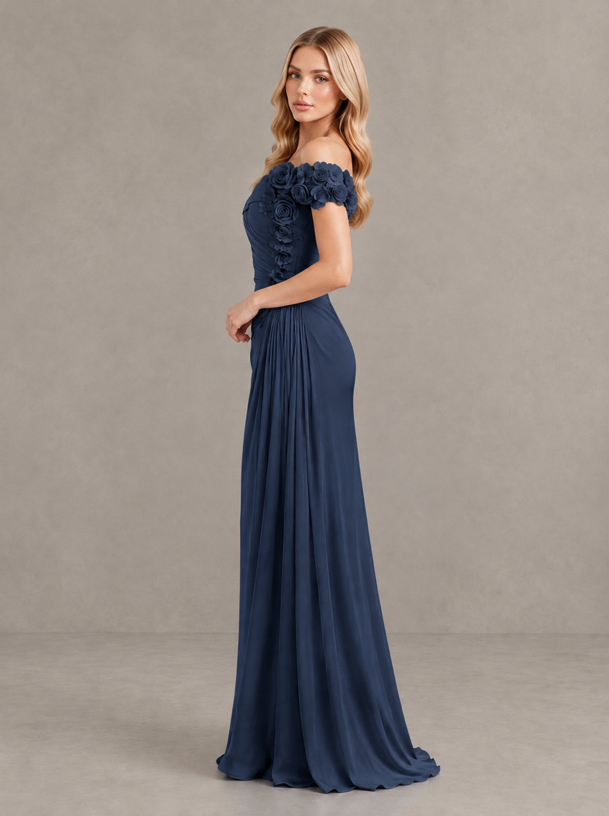 BOLODOO Navy Blue Off-Shoulder Floral Applique Wedding Guest Maxi Dress - Navy Blue - Navy Blue (3)