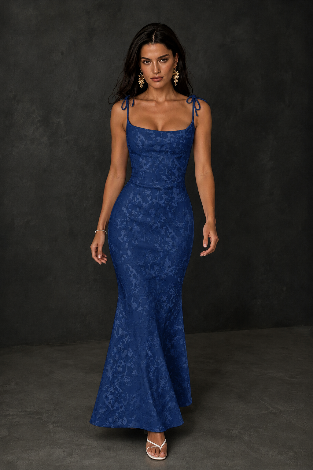 BOLODOO Navy Blue Scoop Neck Tie Strap Lace-Up Back Floral Jacquard Mermaid Maxi Dress - Navy Blue